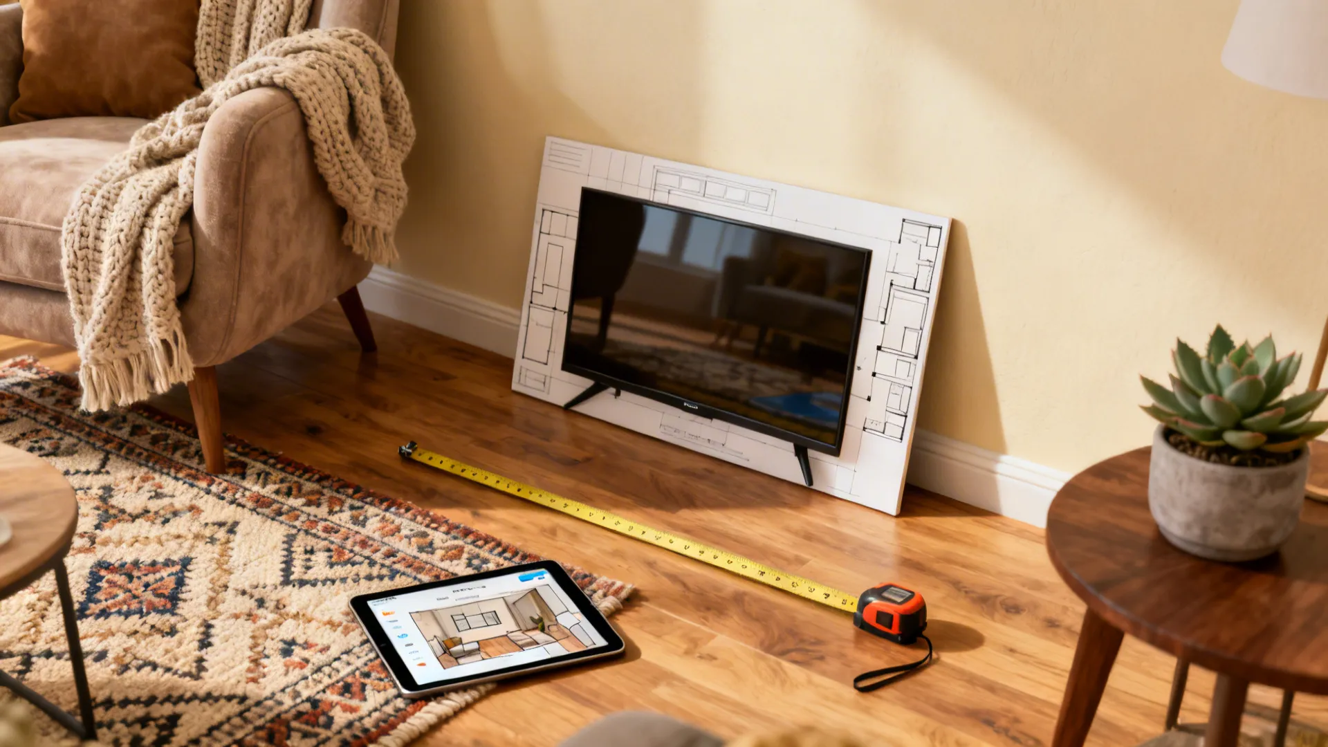 Living room corner with tape measure and tablet room-planner showing TV size mockup