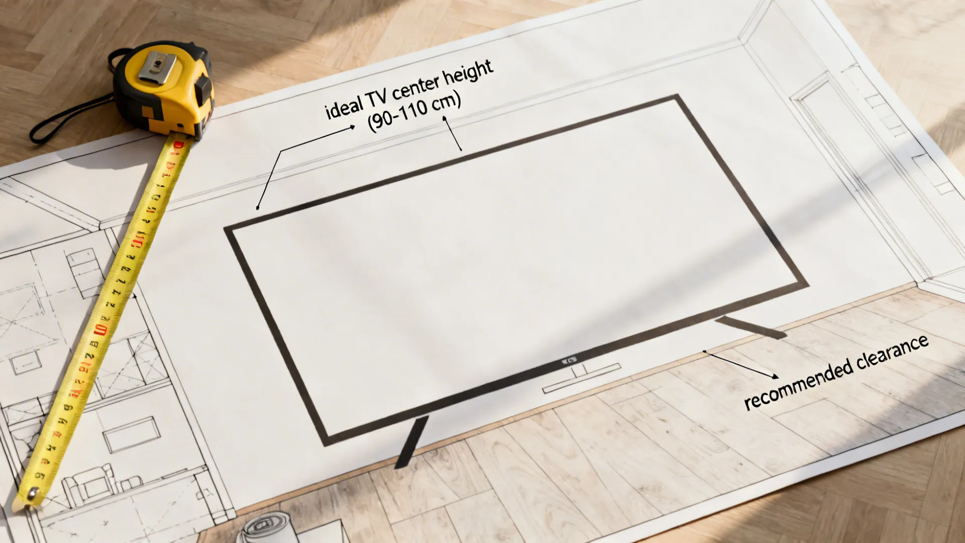 Top-down layout showing TV measurements and recommended center height with tools