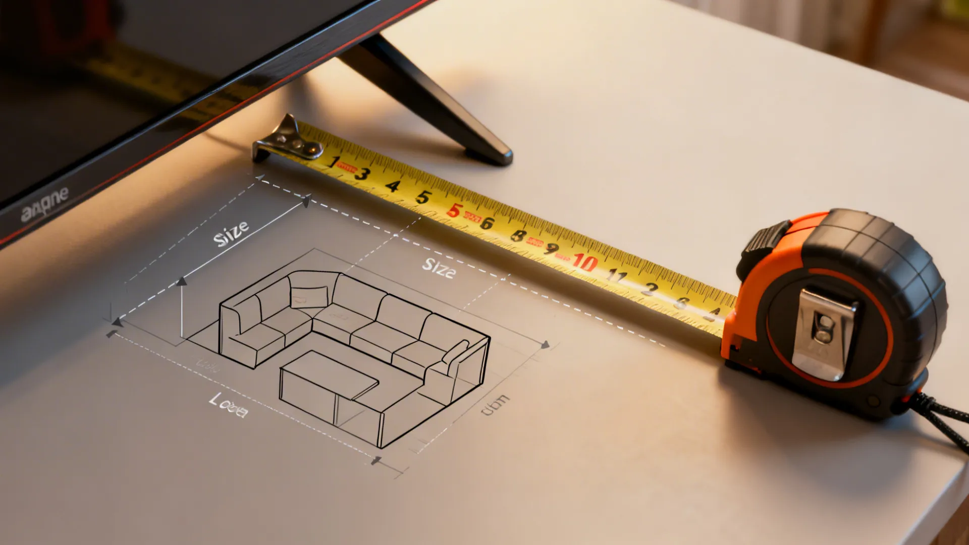 Measuring tape tool placed on white desk surface next to sofa drawing and television stand base