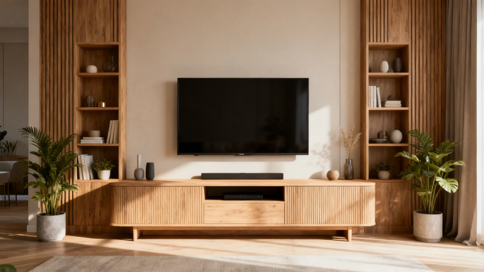 Living room media wall with a TV on a low console that spans most of the screen width and balanced shelving.
