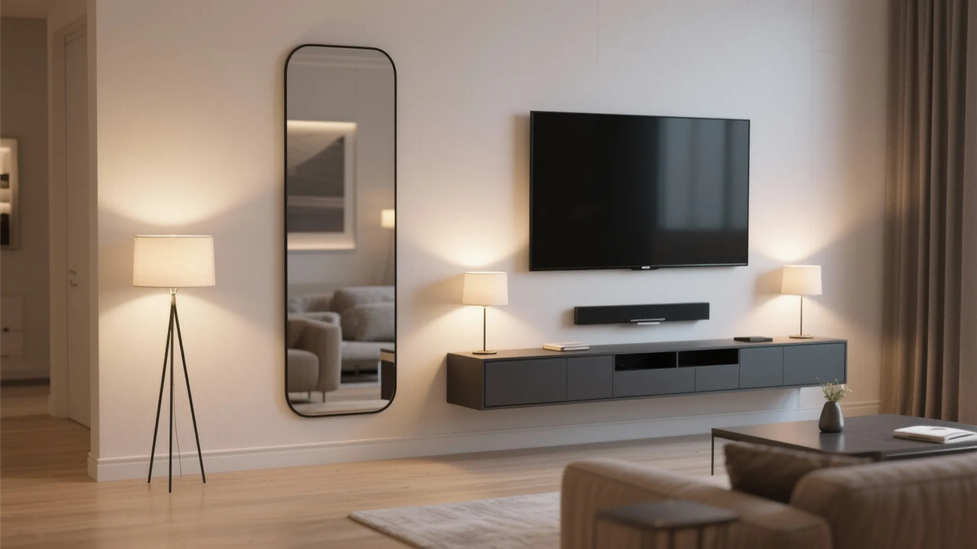Slim black-trimmed mirror integrated into a media wall beside a TV to balance the setup