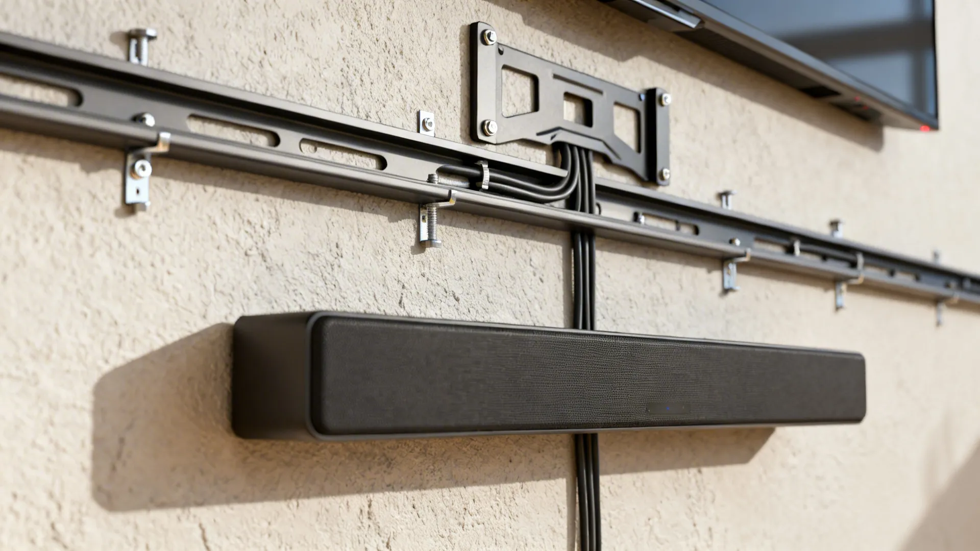 Close-up of a TV mount, cable channel, and soundbar installation showing proper anchoring on a wall.