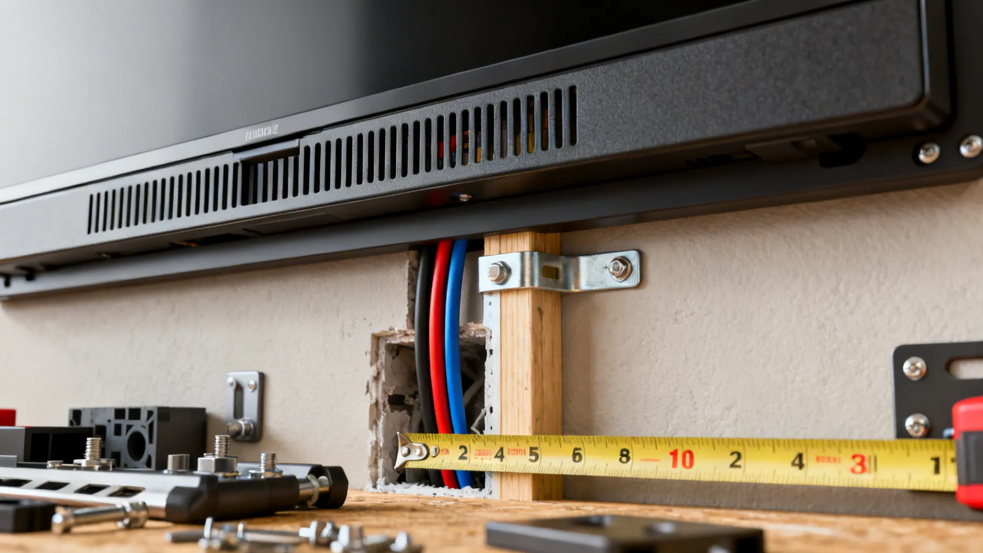 Close-up of TV mount, cable in-wall kit components, and measuring tape indicating mounting height