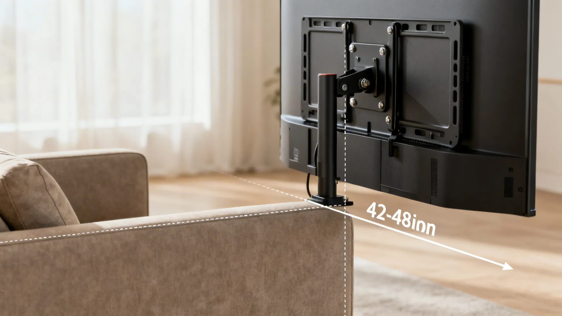 Close view of a mounted TV with annotated eye-level height and tilting mount detail.