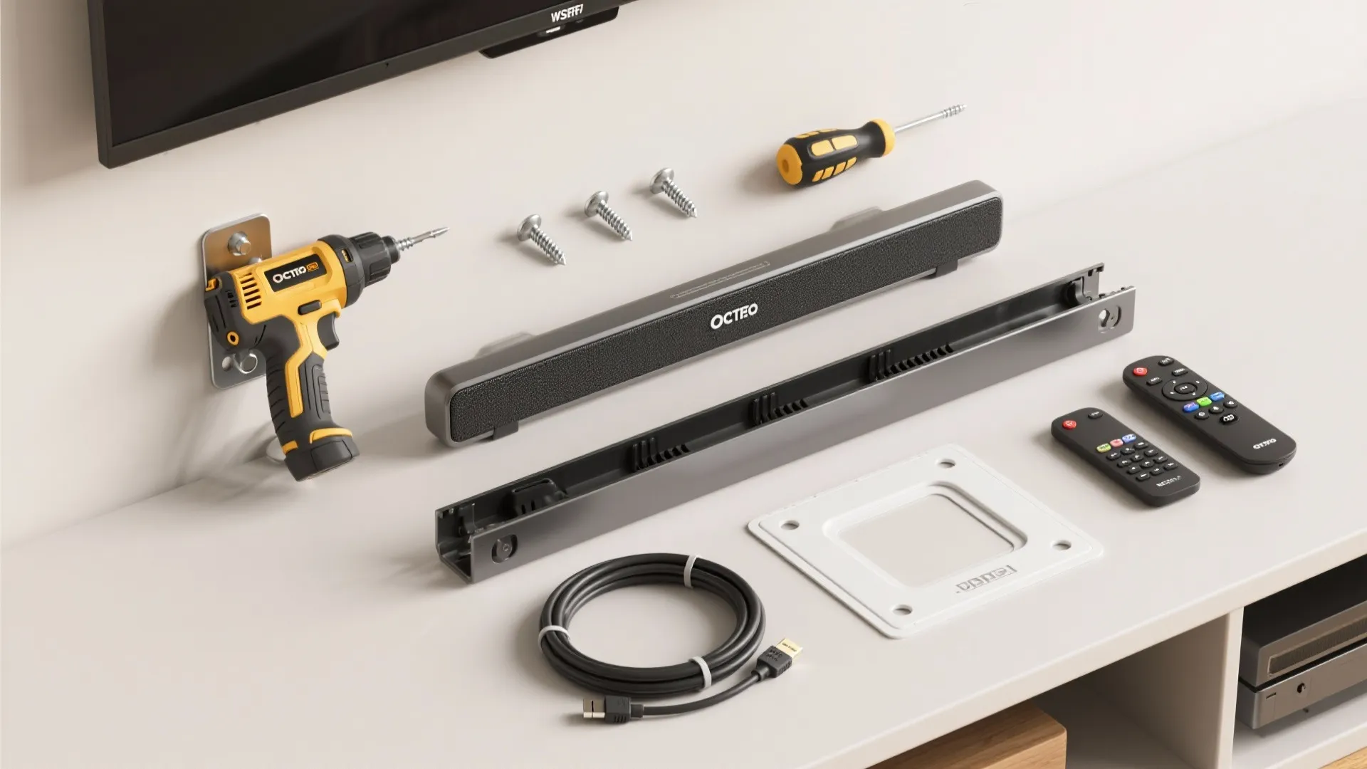 Television wall mount installation kit including drill screws remotes cables and black metal mounting bracket