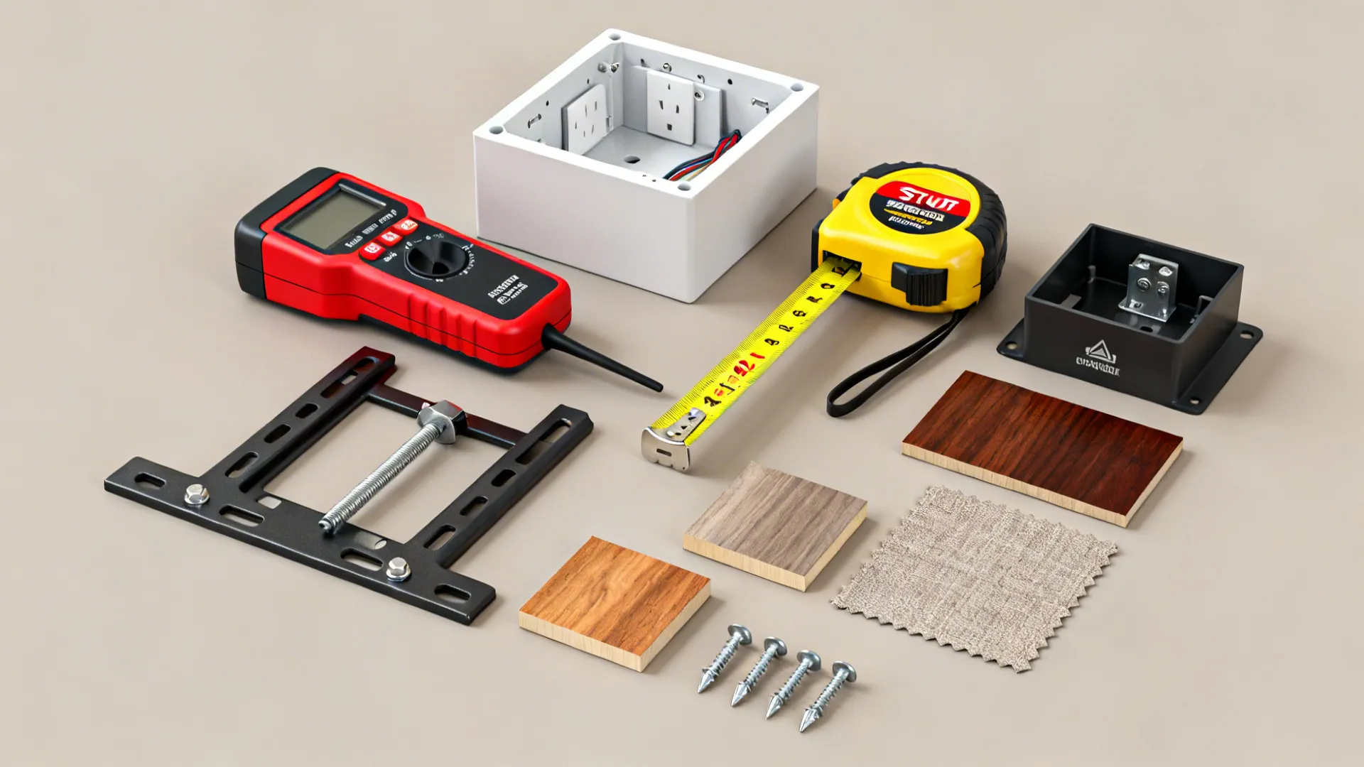 Flatlay of TV mounting tools and in-wall power kit with measuring tape at 42 inches