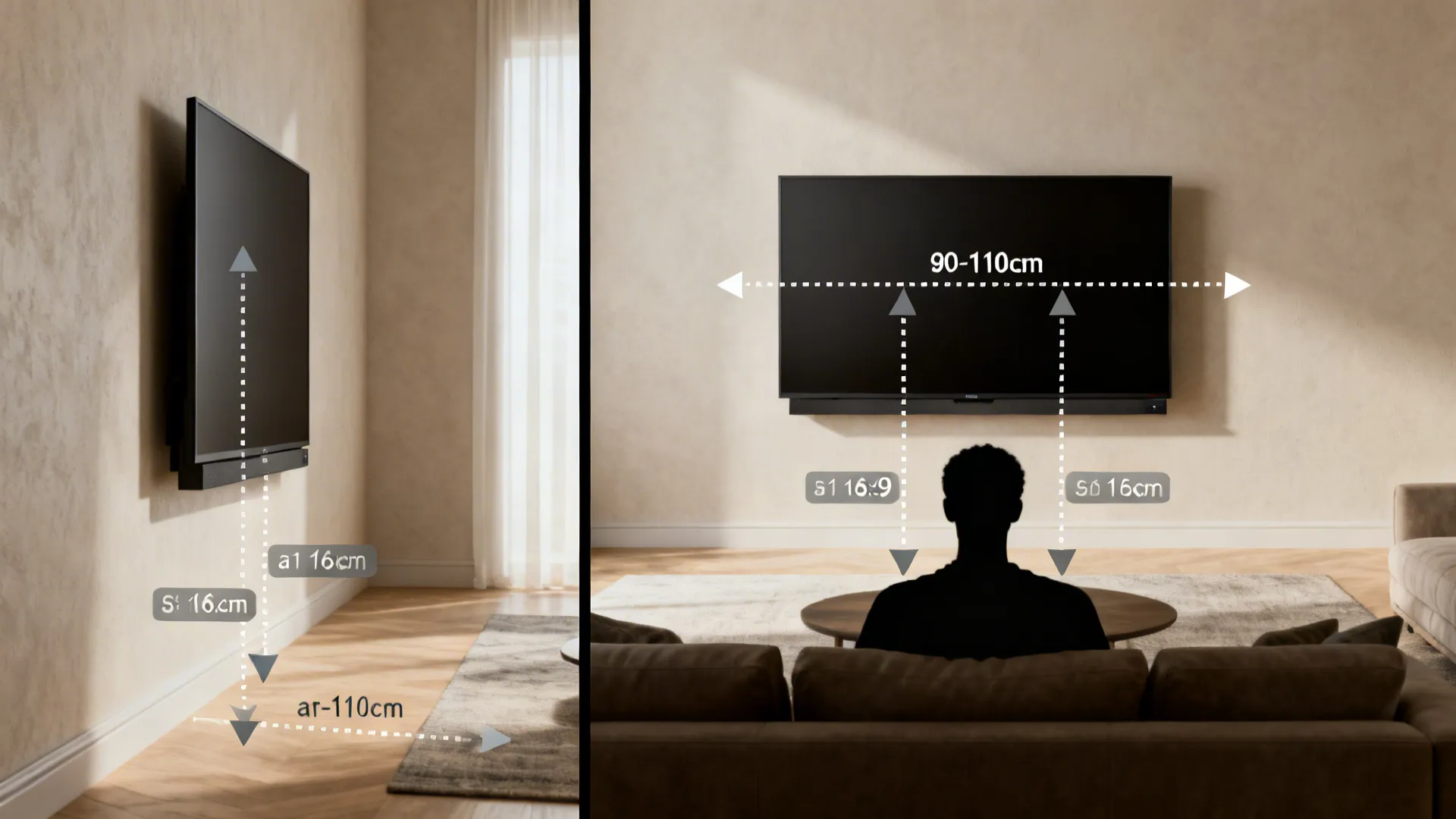 Diagram-style living room image showing recommended TV center height and seating geometry with measurement guides.