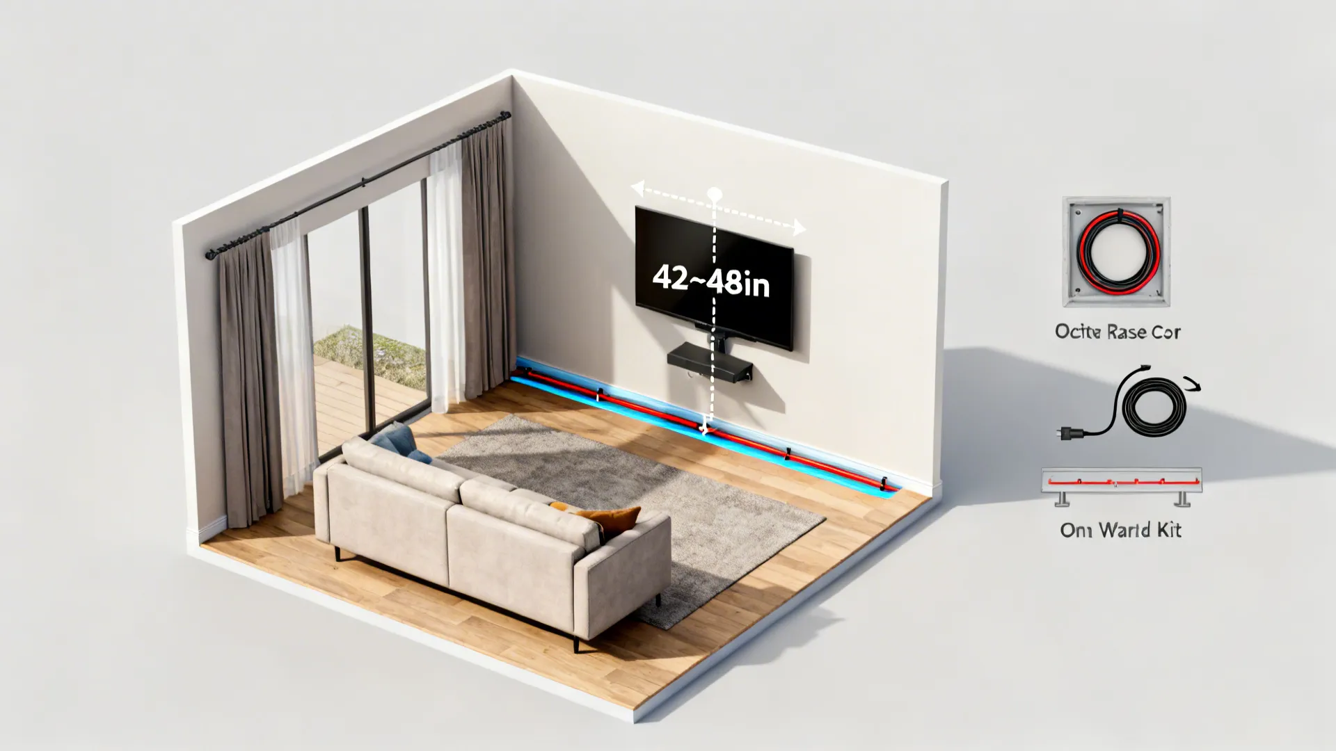 Top-down guideline graphic showing ideal TV mounting height and cable routing options for small living rooms.