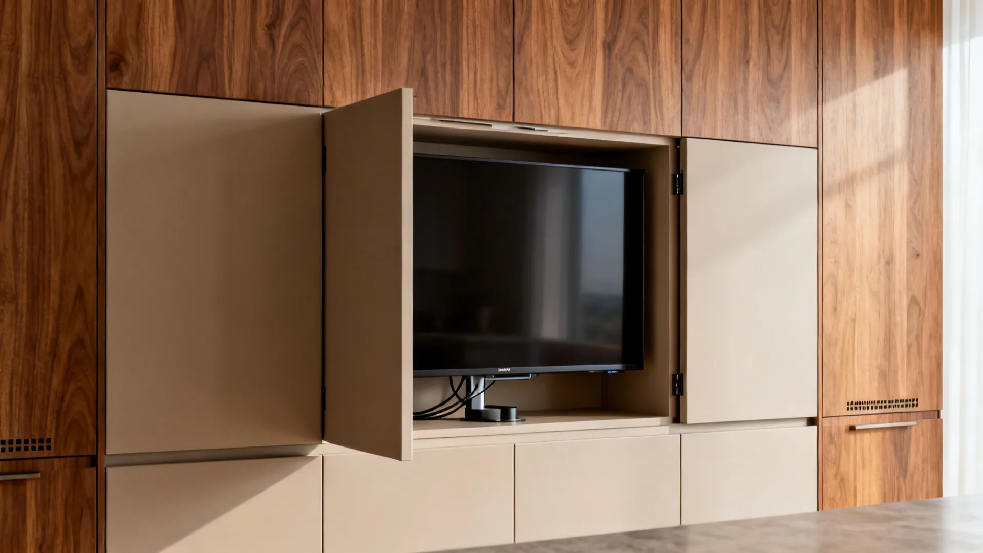 Custom cabinet niche with a 32-inch TV behind pocket doors that slide back for viewing.