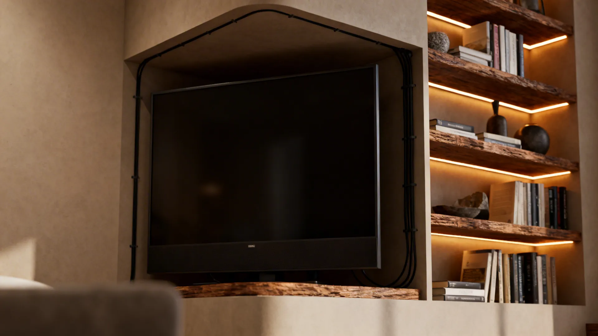 TV nested in built-in shelving nook with accent lighting and concealed wiring