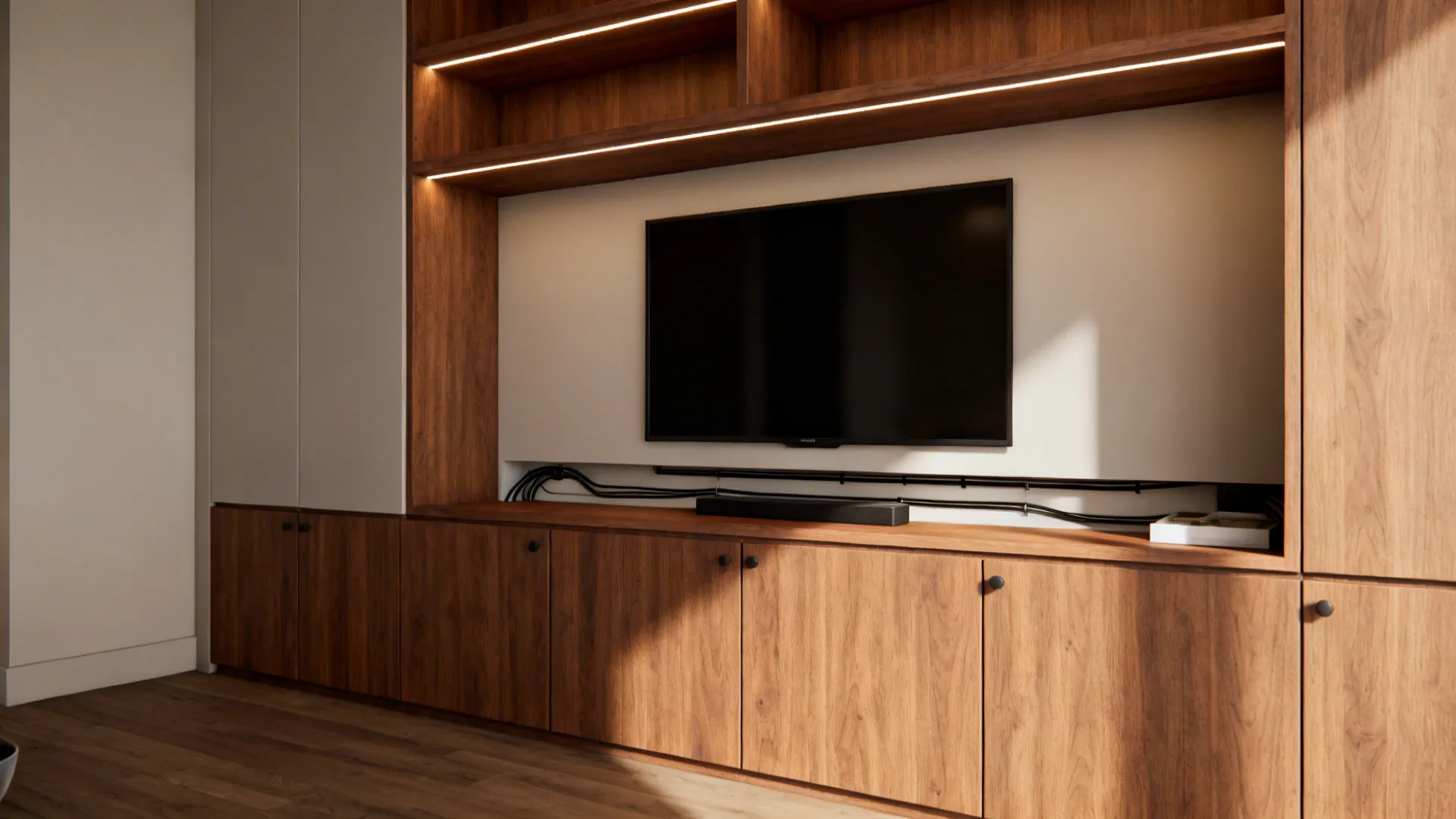 Floor-to-ceiling wall unit with recessed TV niche, open shelves and closed cabinets in oak finish
