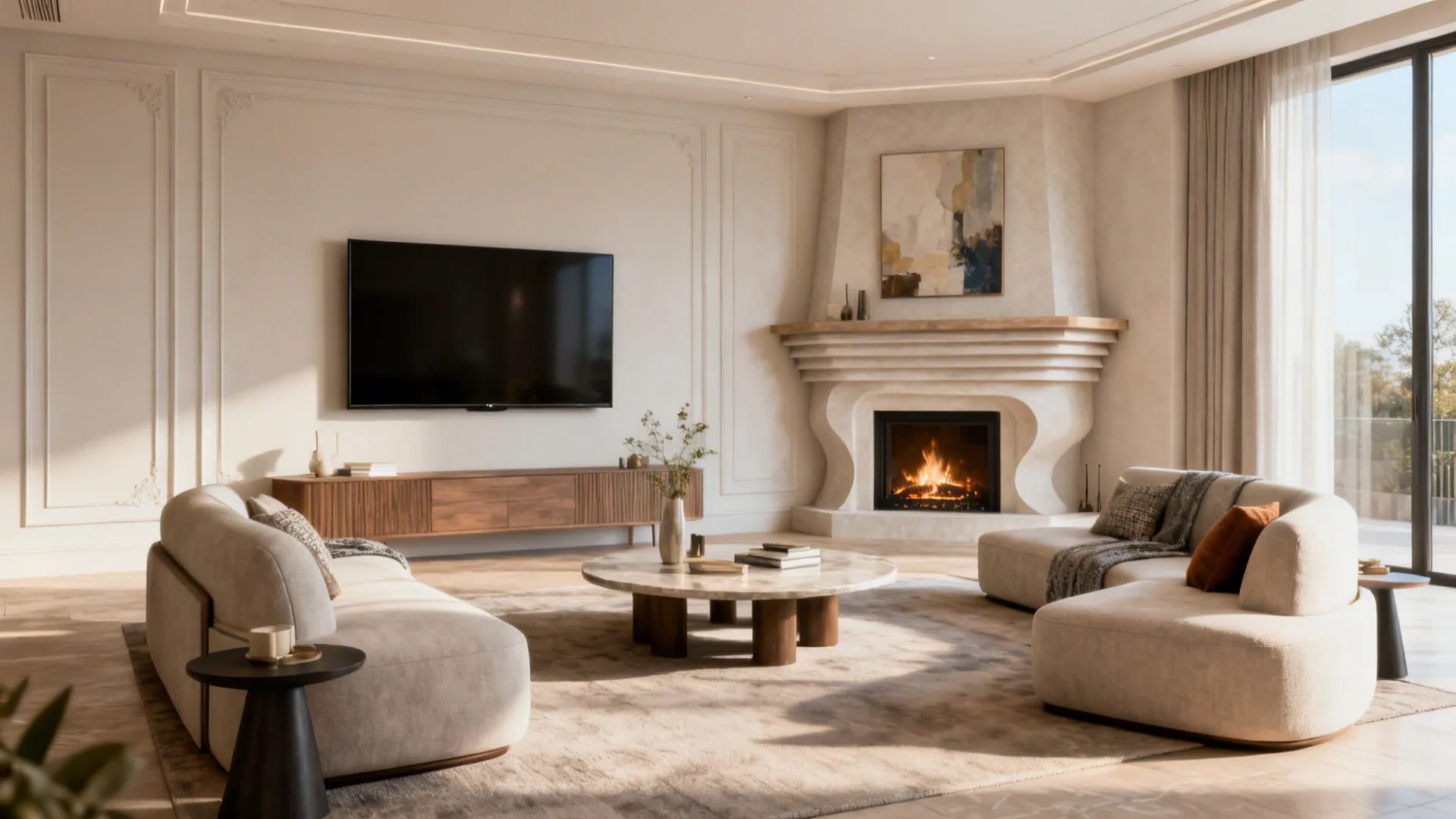 Living room with TV opposite a corner fireplace treated as an accent with layered mantel and art