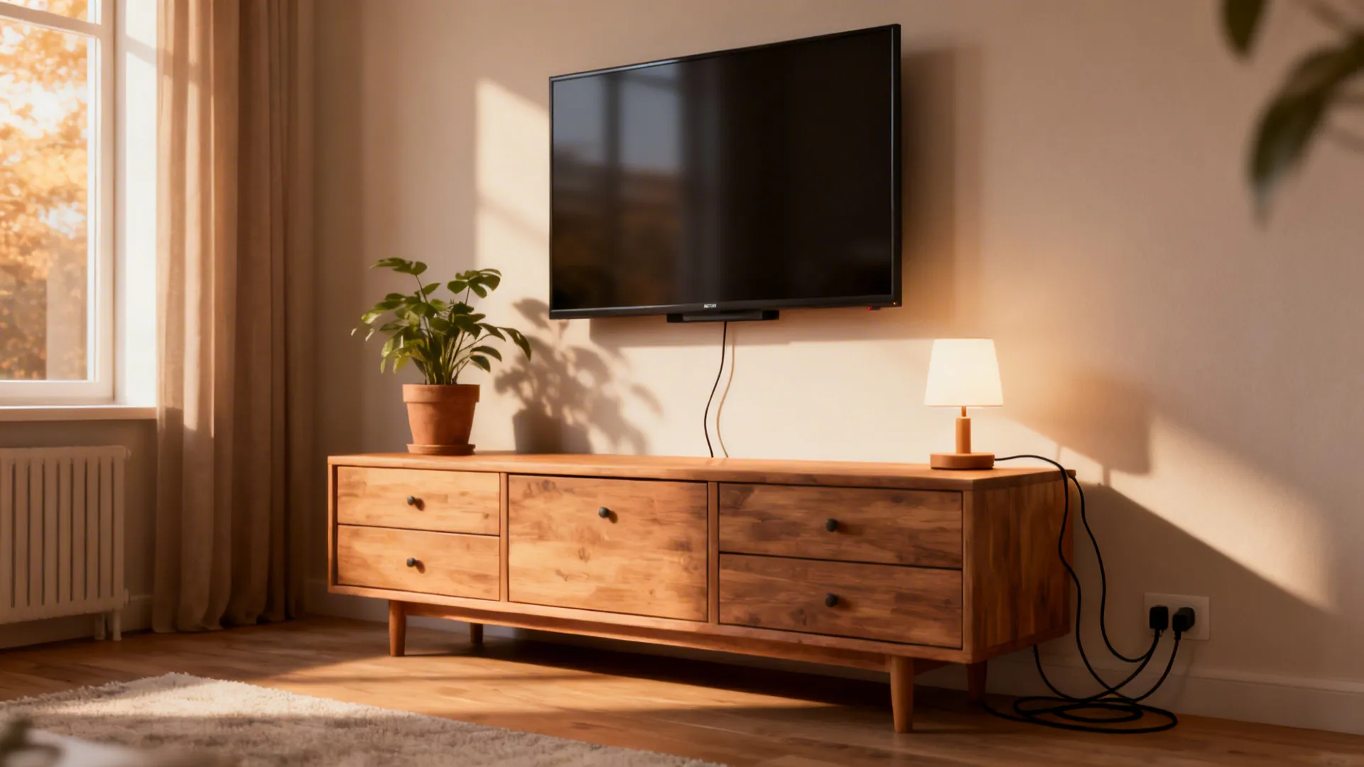 Wall-mounted TV positioned above a low dresser with minimal styling in a bedroom