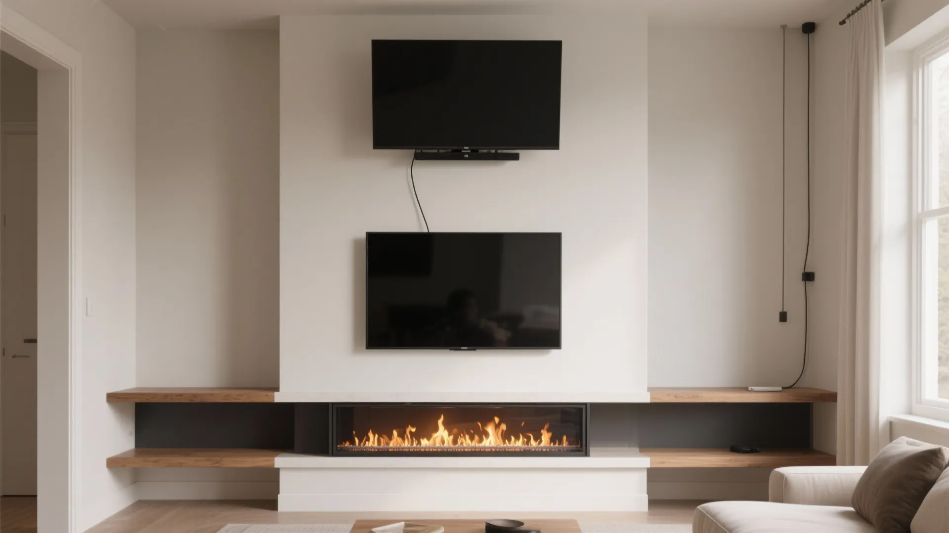 Modern living room featuring two black televisions mounted above a long fireplace with wooden shelves