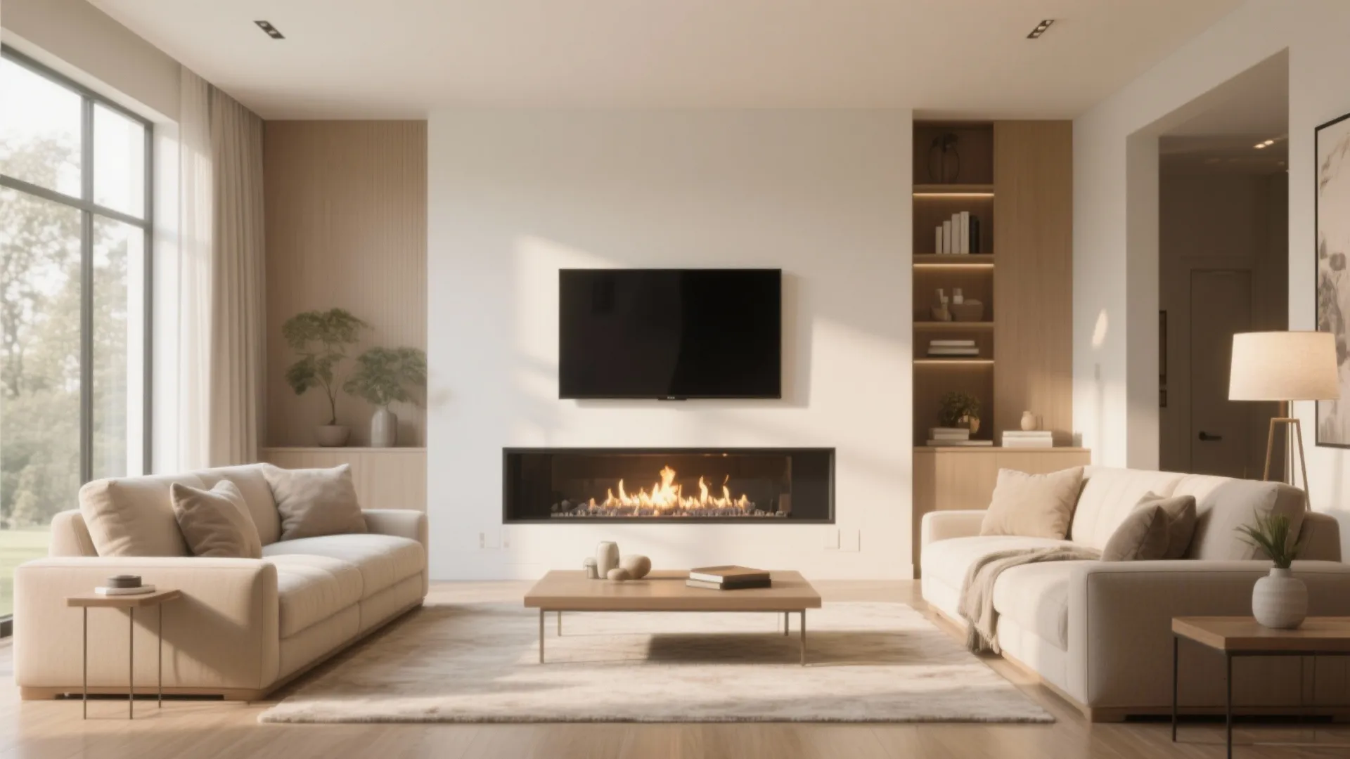 Modern living room featuring a television above a fireplace with cream sofas and wooden shelves