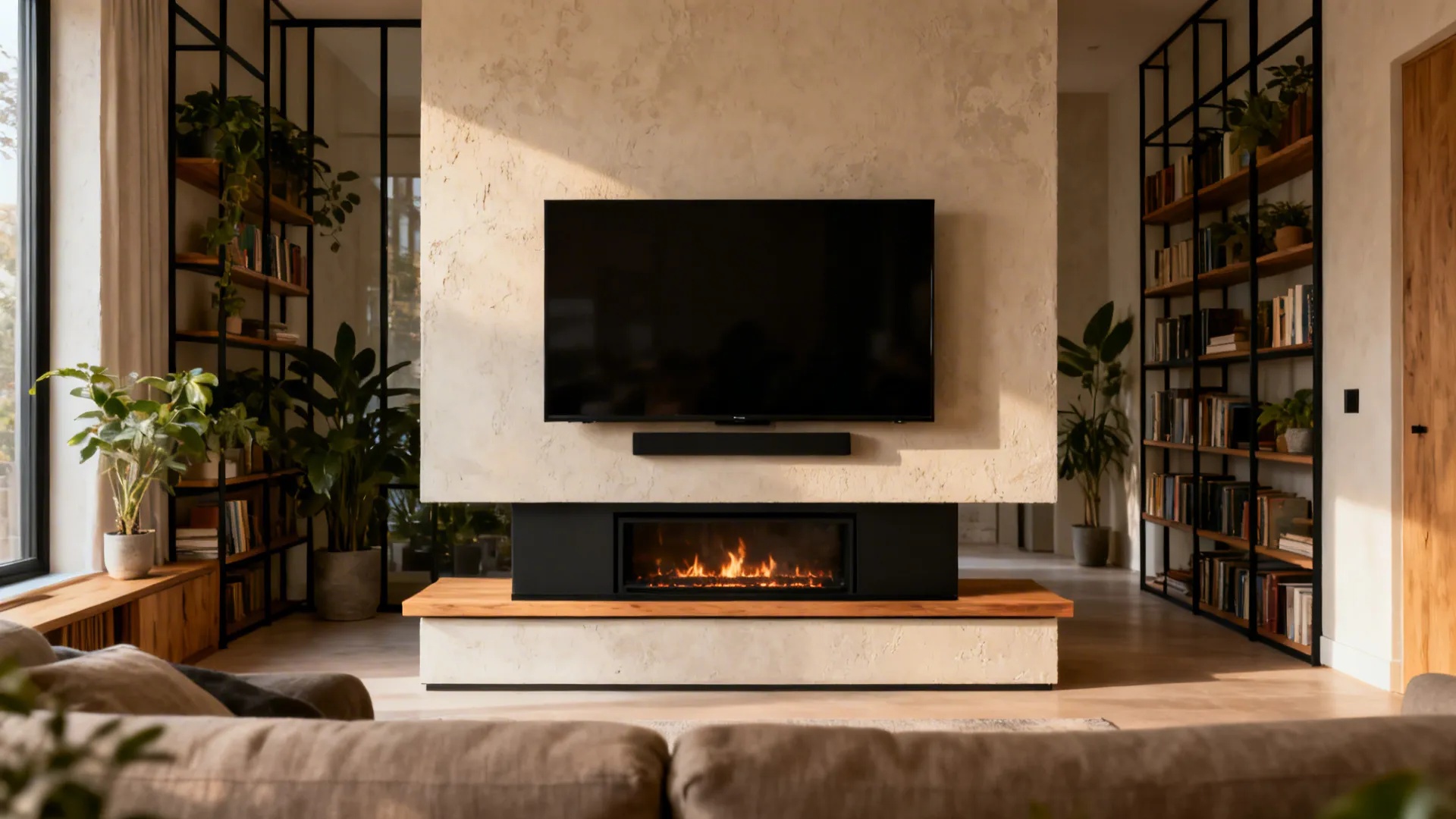 Modern living room with a TV mounted above a low electric fireplace in a balanced layout.