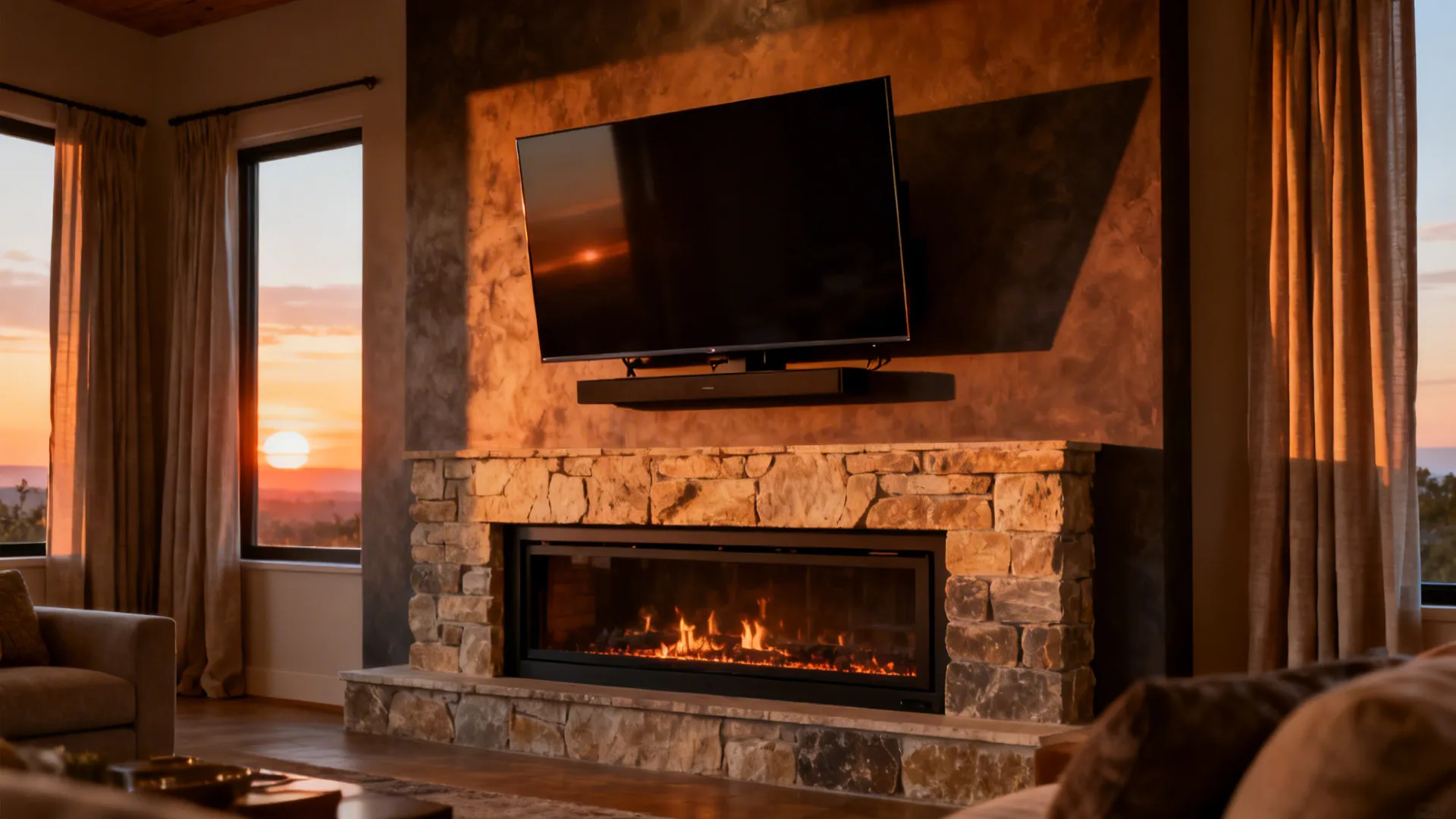 TV mounted above a fireplace with a tilting mount and matte screen to reduce glare.