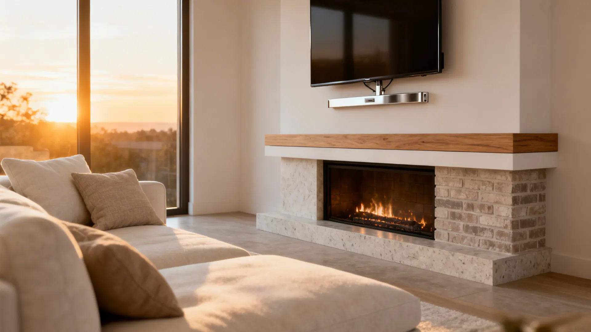 TV mounted above a low-profile fireplace with a tasteful minimalist setup
