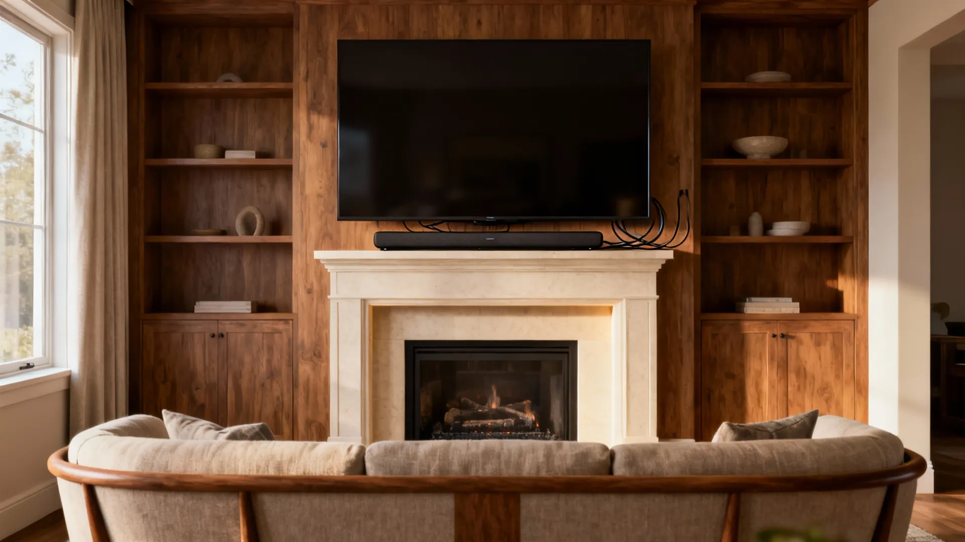 Living room with black television above a white fireplace surrounded by wooden bookshelves and sofa