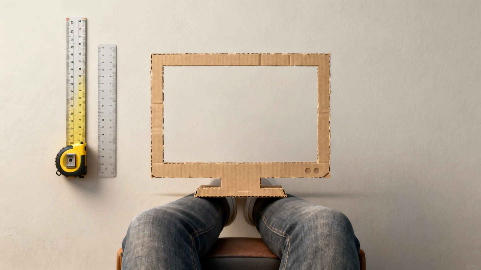 Person sitting with cardboard television mockup and measuring tape for planning living room television placement layout