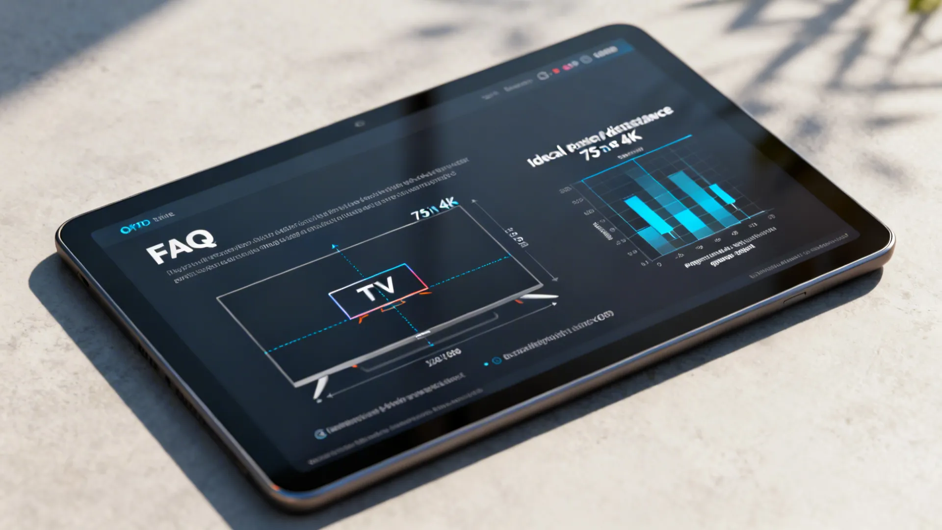 Tablet displaying diagrams and charts for ideal viewing distance and mounting height for a 75-inch TV