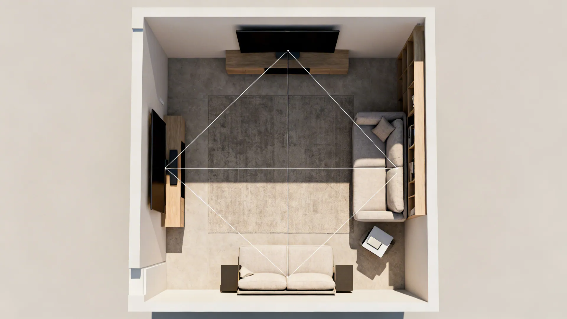 Top-down floorplan showing multiple TV placement options and sightlines in a small living room.