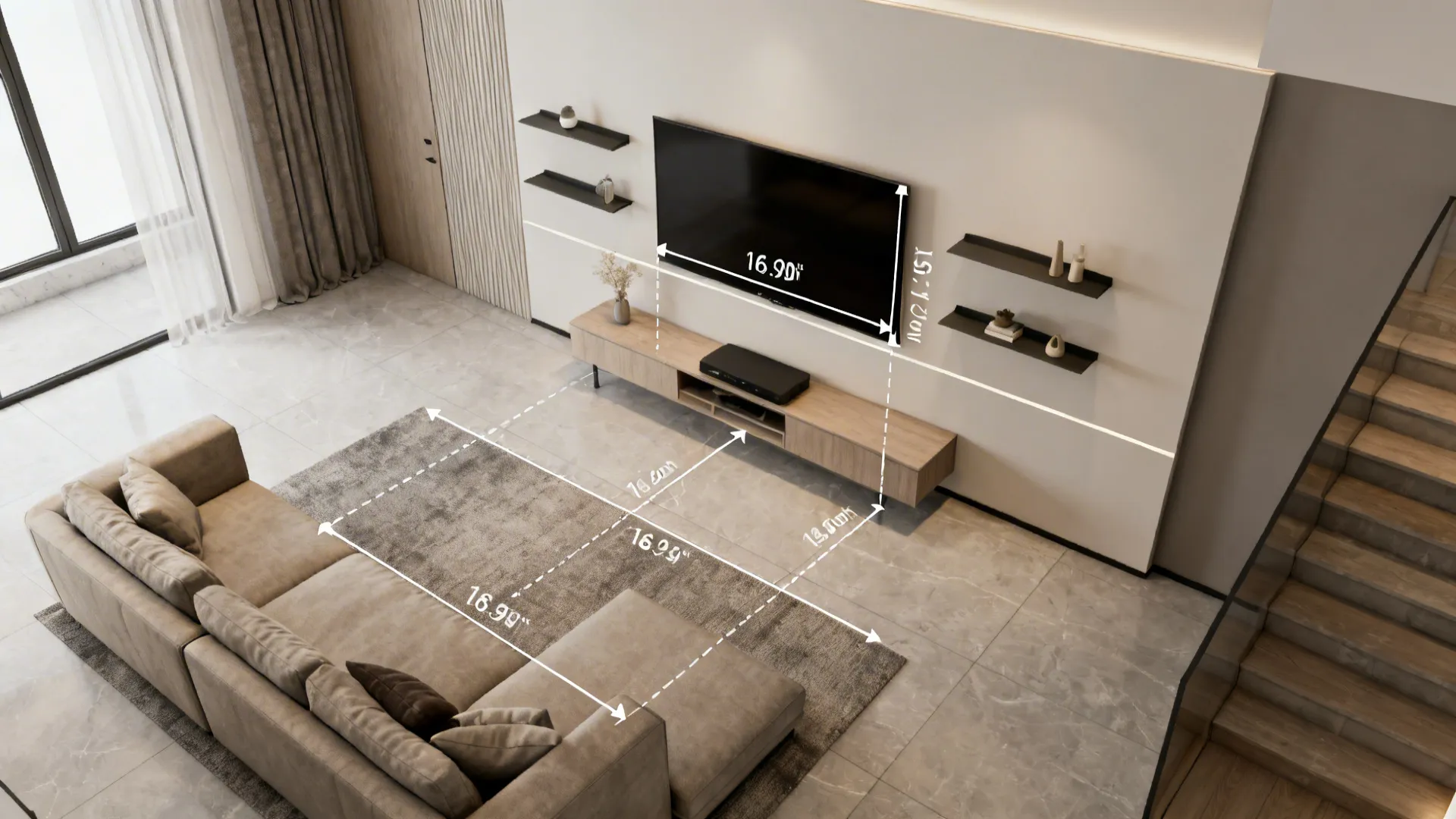 Top-down mockup showing TV wall placement, seating, and viewing distance guidelines