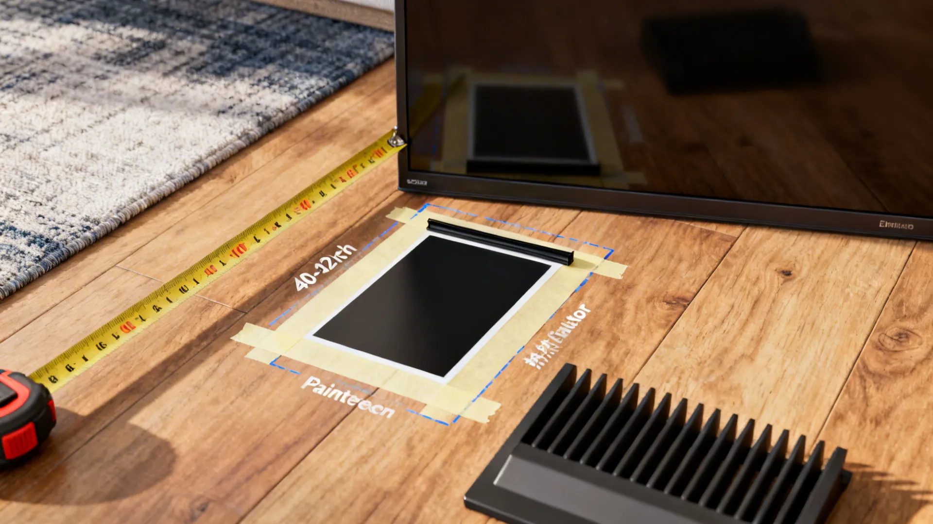 Measuring tape, painter's tape outlines, and material swatches for planning TV placement near a fireplace.