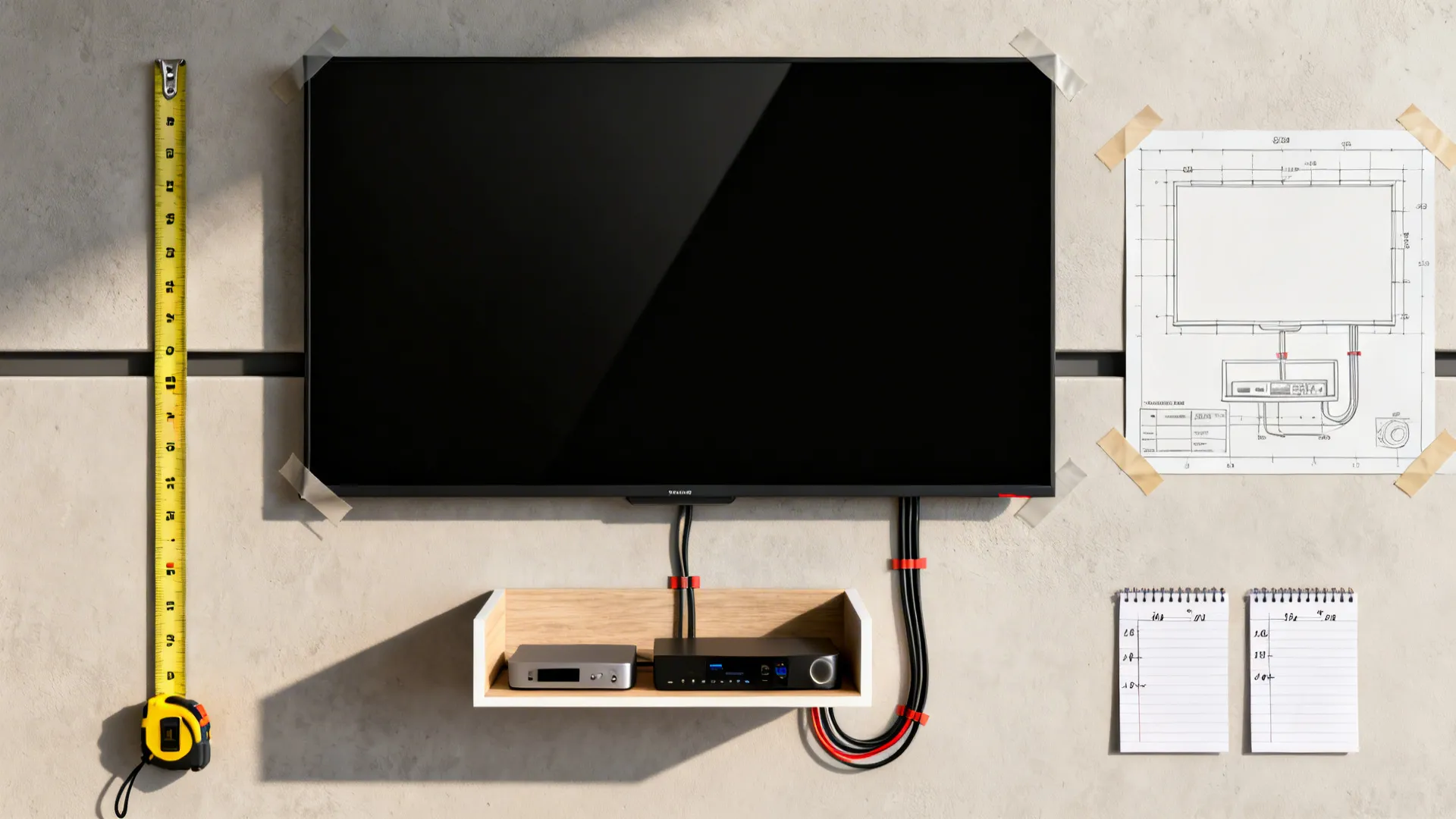 Flatlay mockup with a taped TV template, measuring tape, and AV shelf sample for planning placements.