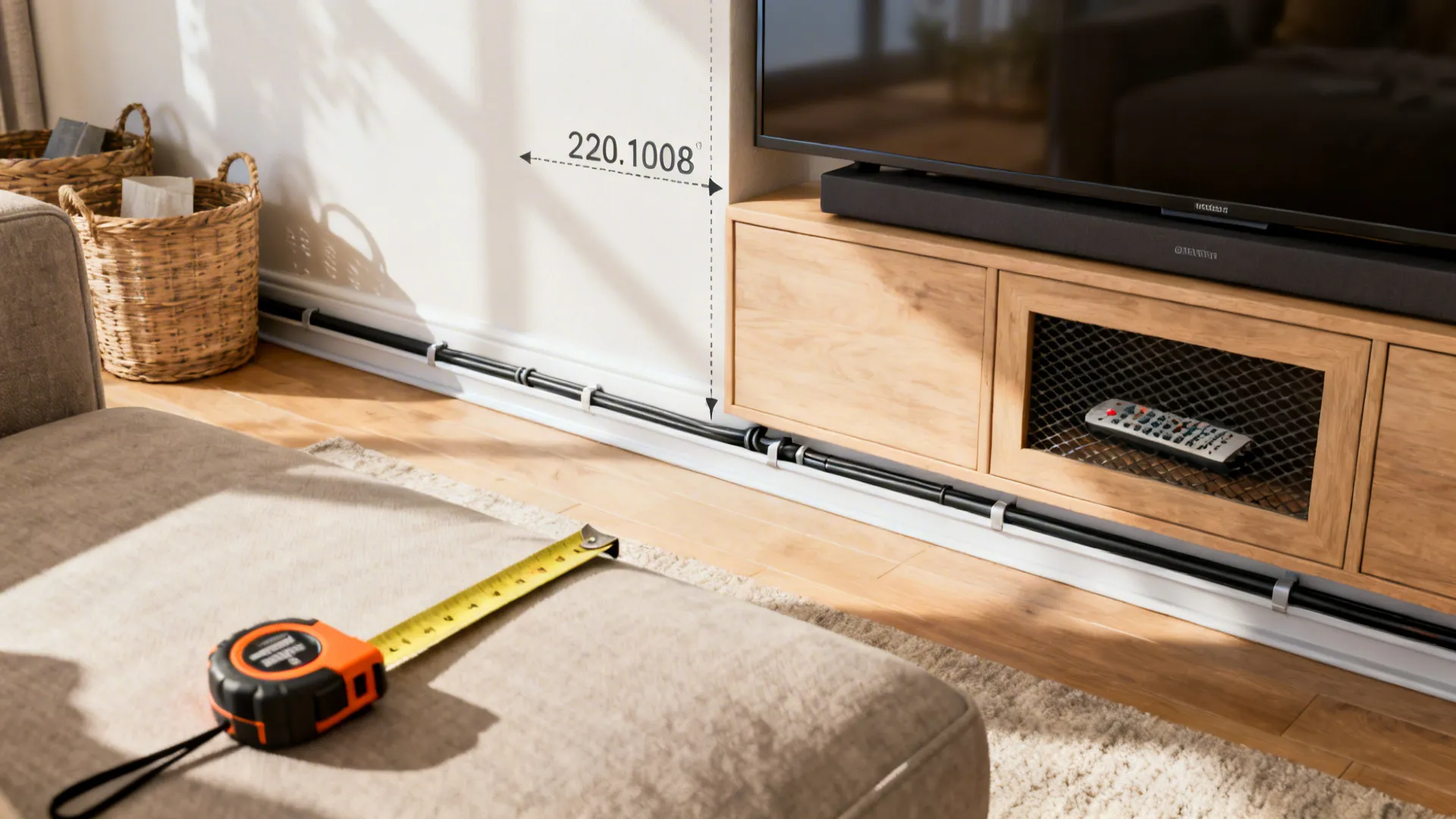 Macro details showing TV planning tools and accessories for small living rooms