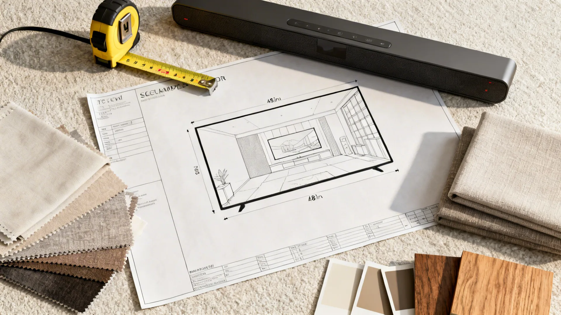 Flatlay of TV planning tools: measuring tape, layout printouts, soundbar sample, and paint chips.