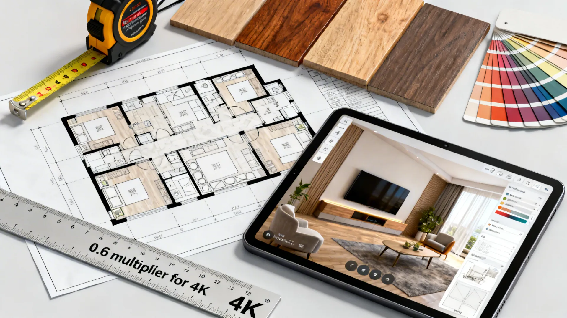 Flatlay of TV planning tools: tape measure, floor plan, samples and a tablet with a 3D planner