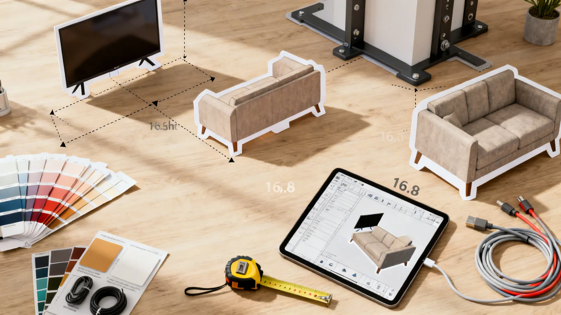 Top-down flatlay of TV layout mockups, tape measure and 3D planner tablet