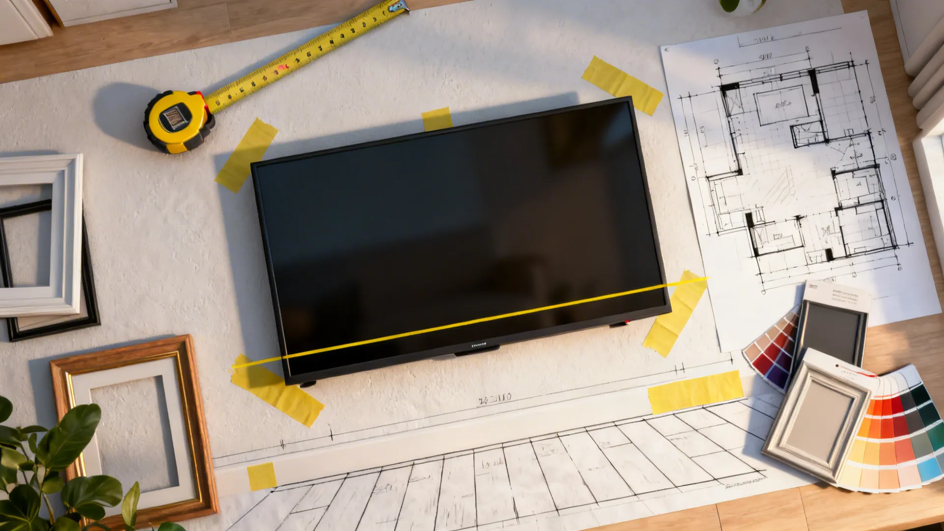 Top-down flatlay of tools and samples for planning TV placement and sightlines