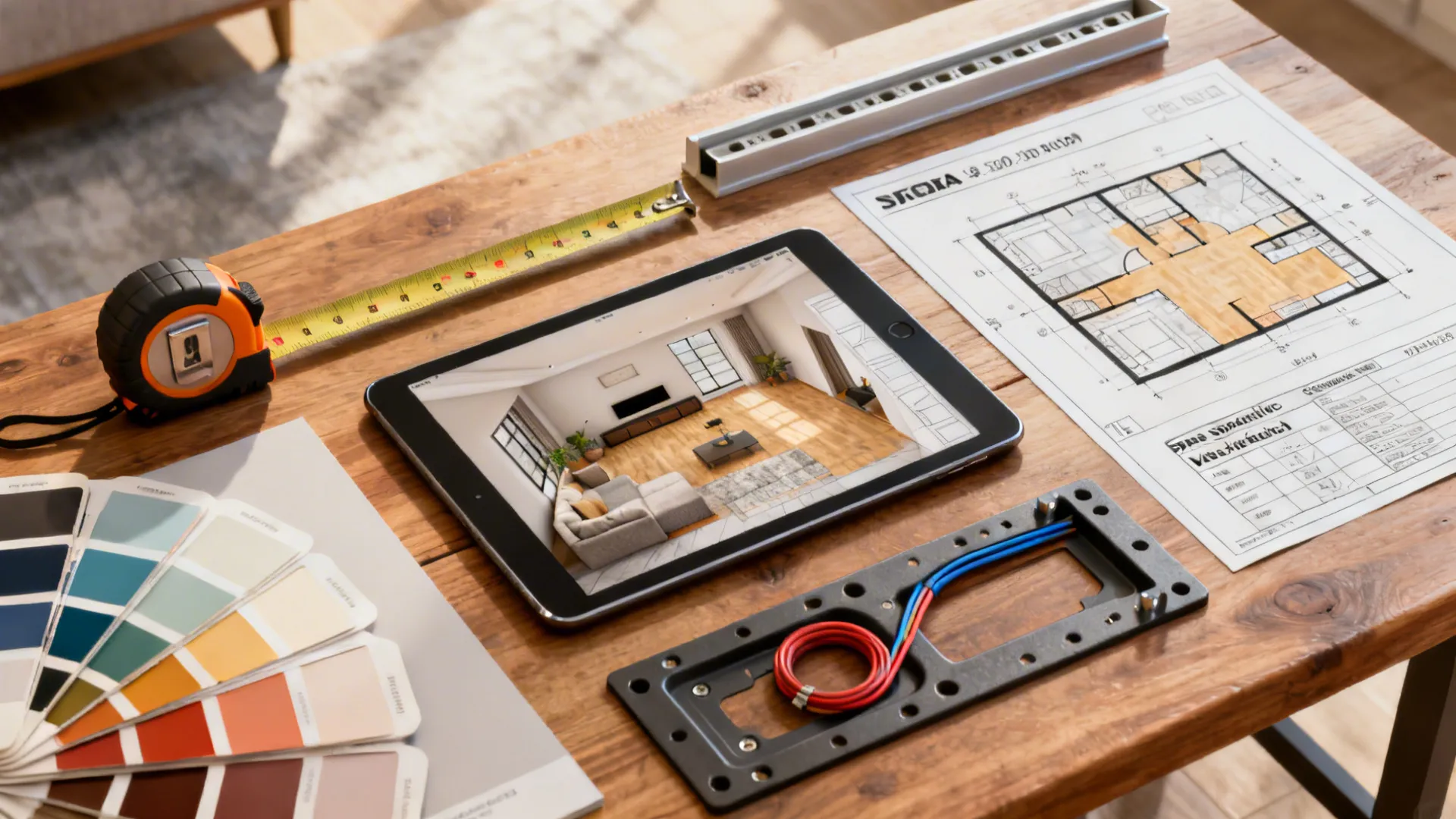 Flatlay of planning tools: tablet with floor planner, tape measure, paint swatches and mounting template for TV placement.