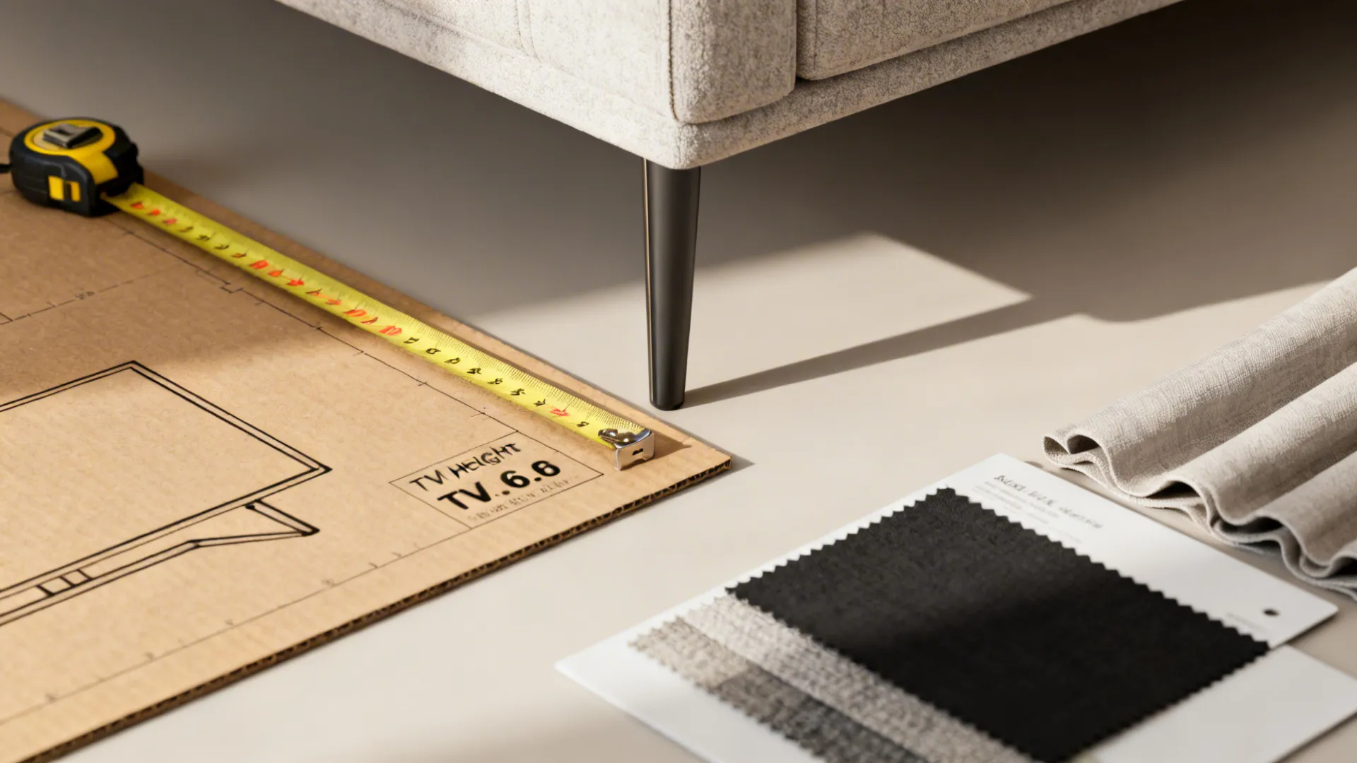 Close-up of measuring tape, cardboard TV mockup, fabric swatches and blackout curtain sample for planning TV placement.