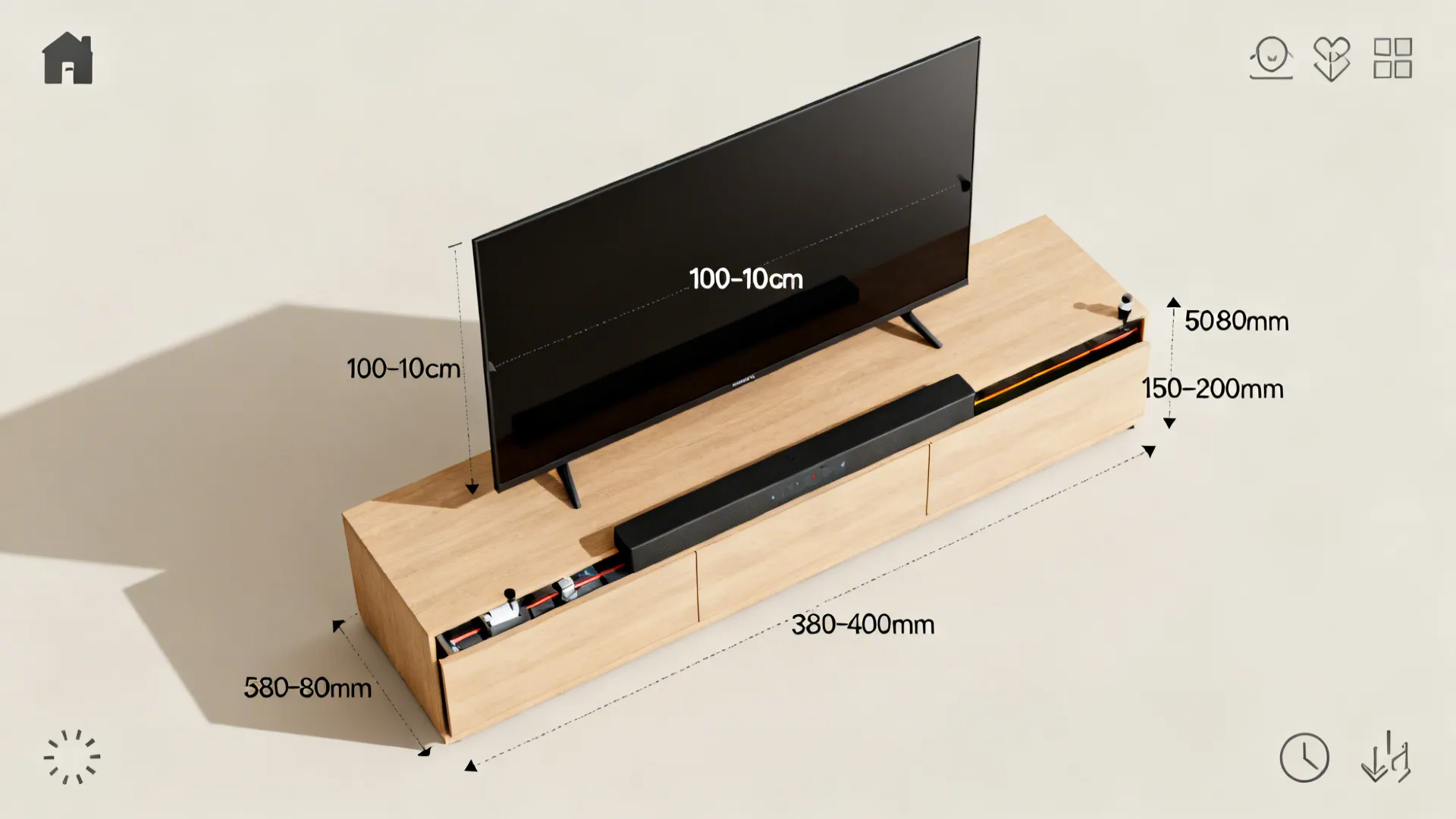 Top-down planning guide showing TV height, console depth, cable channels, and soundbar placement for a living room.