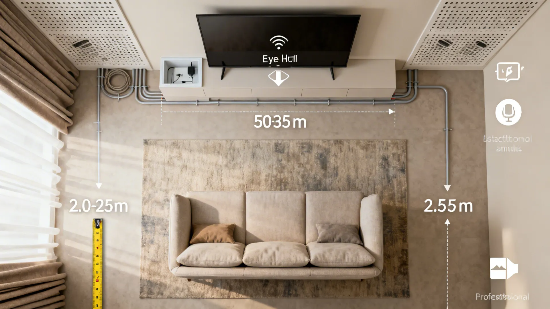 Top-down planning layout indicating viewing distance, TV height, cable routes, and ventilation zones.