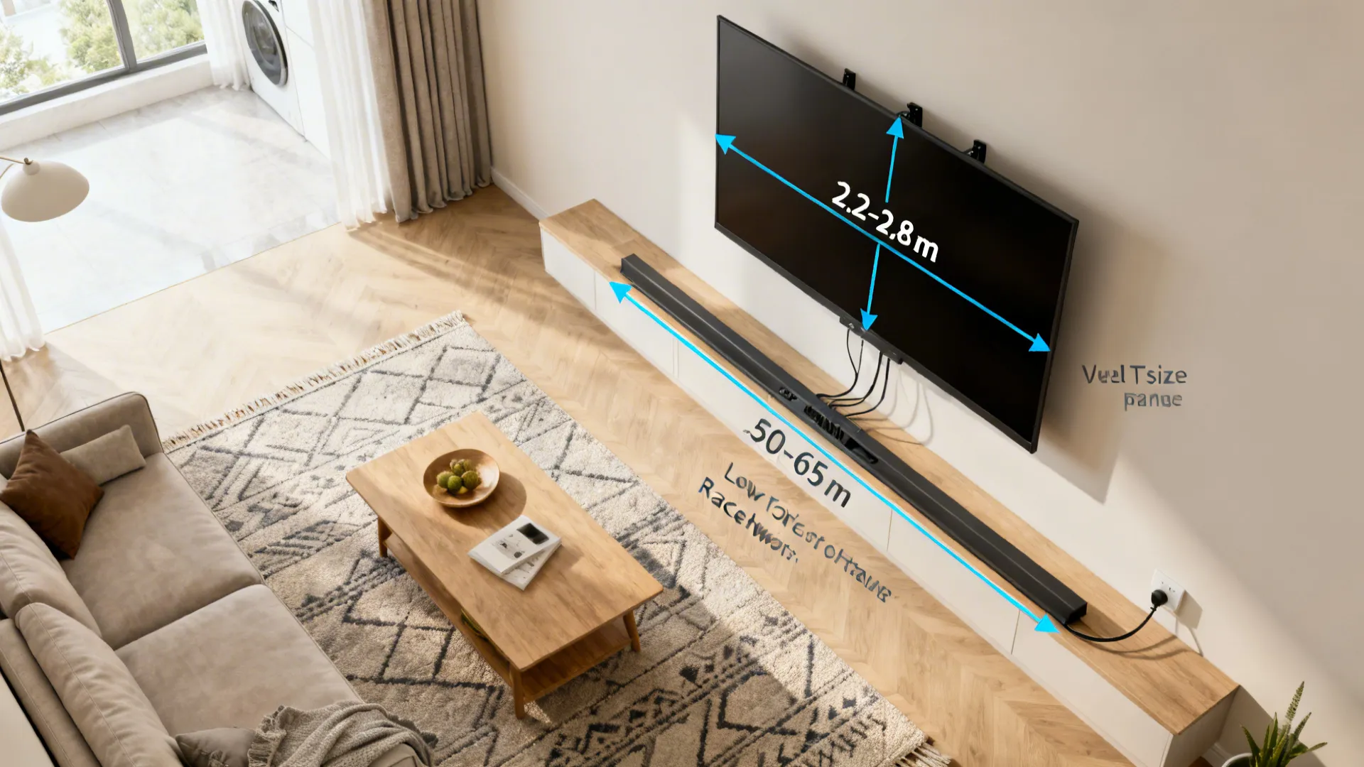 Top-down plan of a small living room showing ideal TV size, viewing distance, and clean cable routing.