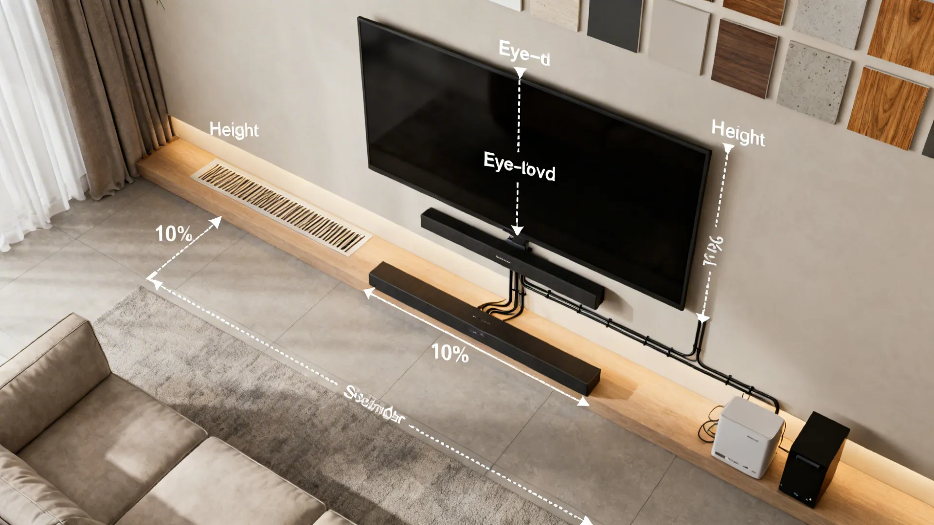 Top-down planning scene showing viewing distances, TV height, cable conduit, ventilation, and bias lighting.