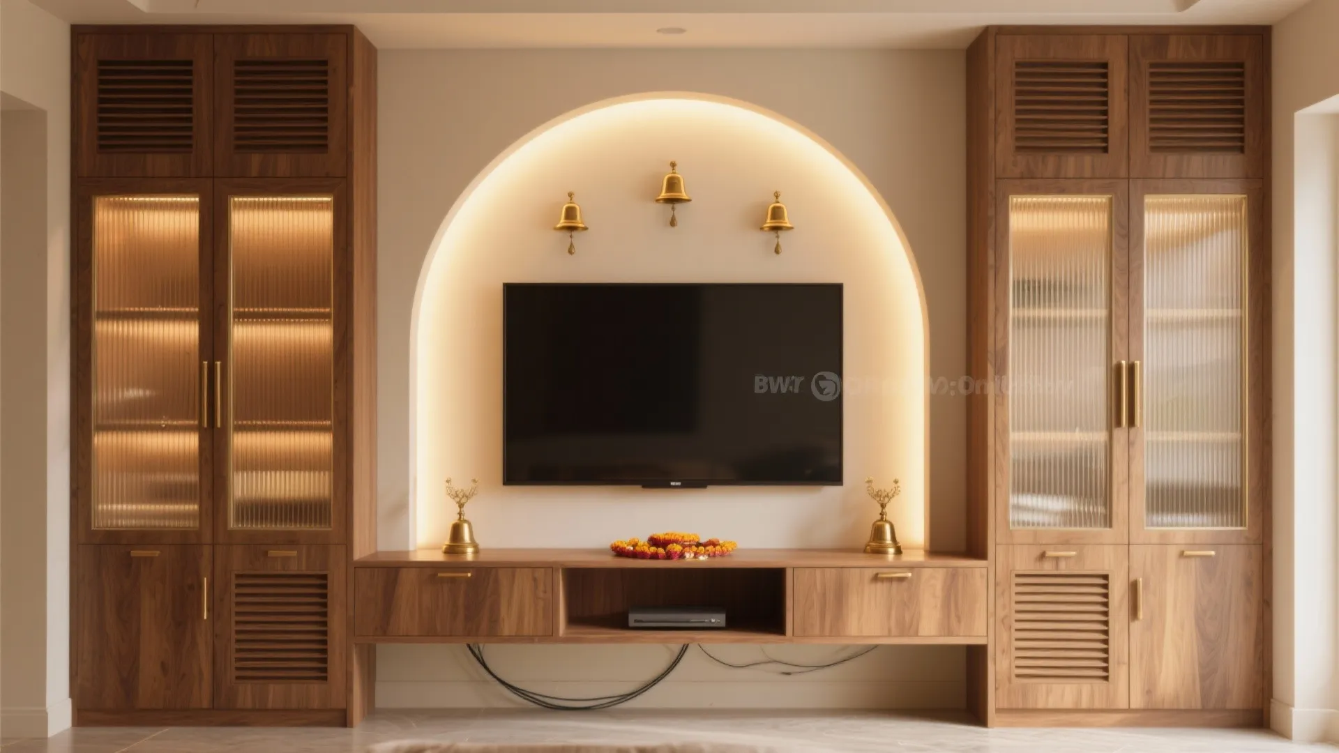 Modern wood cabinet unit featuring a central arched television area with small golden bells hanging