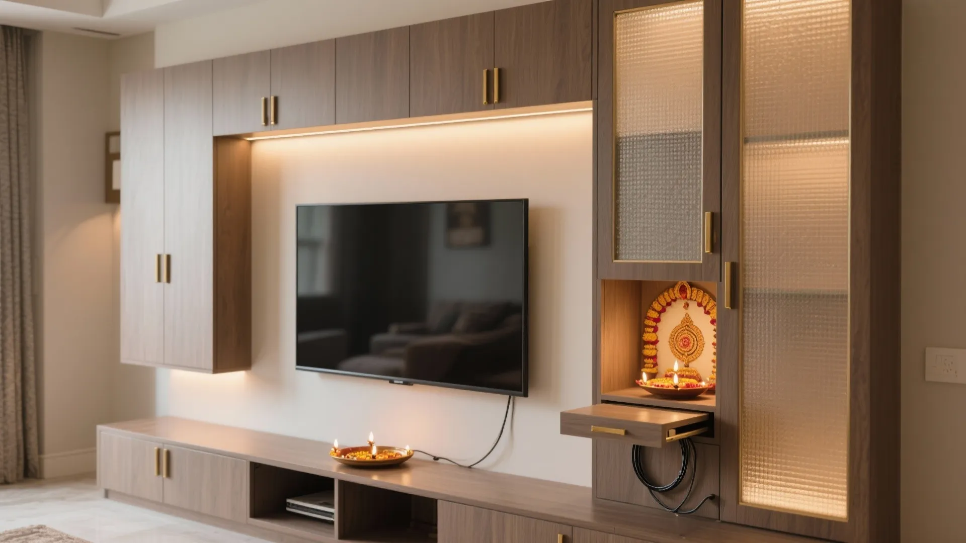 Modern living room wall unit with television, integrated prayer space, wooden cabinets, and small candles