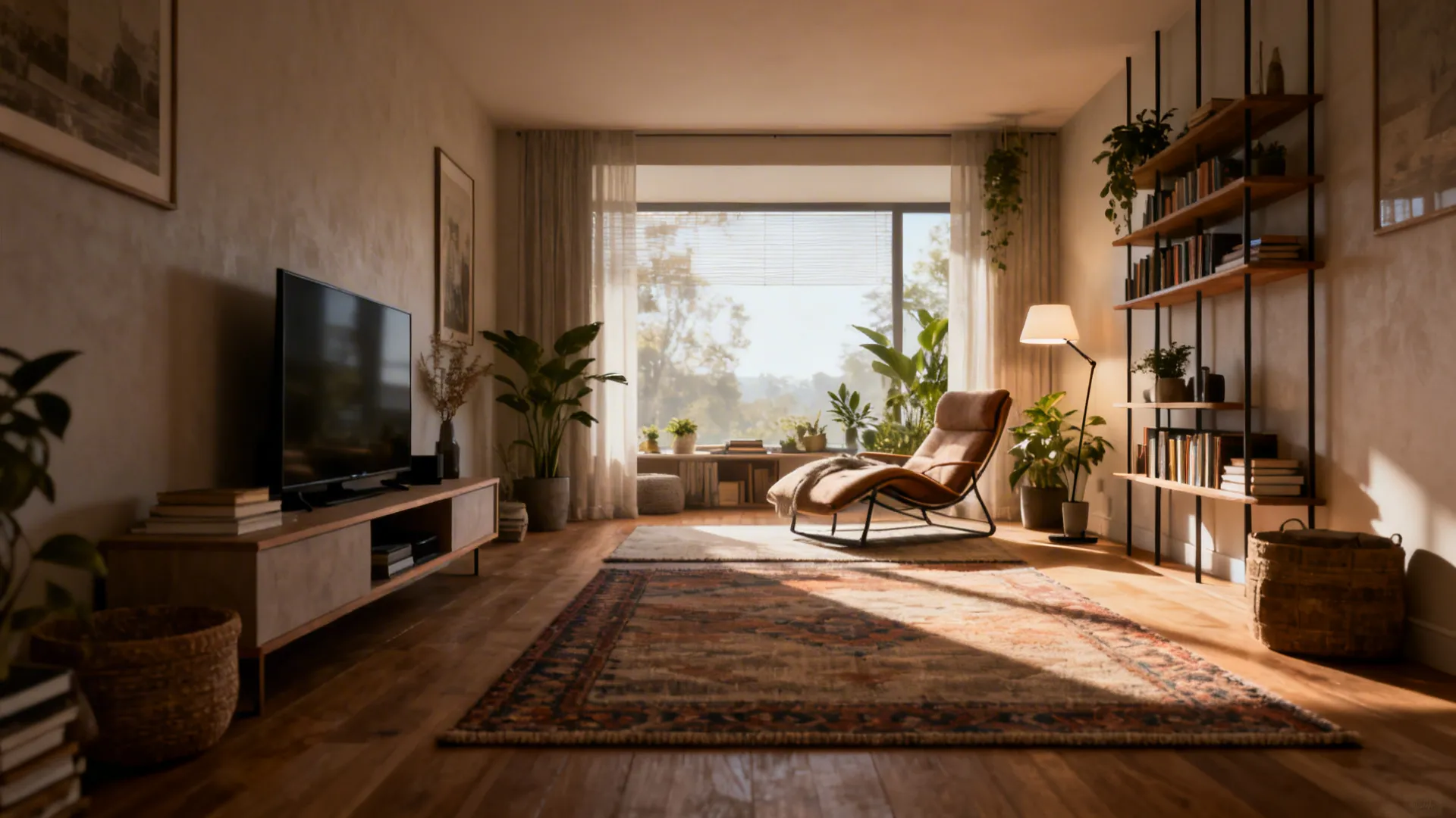Cozy living area featuring tv cabinet lounge chair bookshelf green plants rug and sunny windows