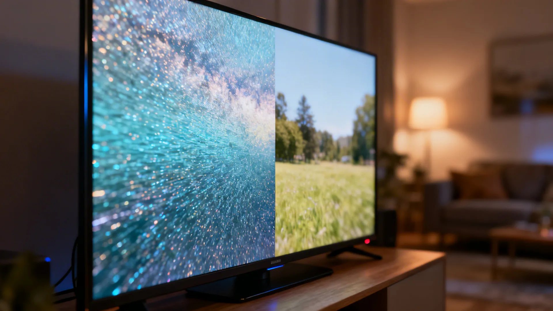 Close-up split-screen comparison of 4K versus HD TV picture quality in a living room.