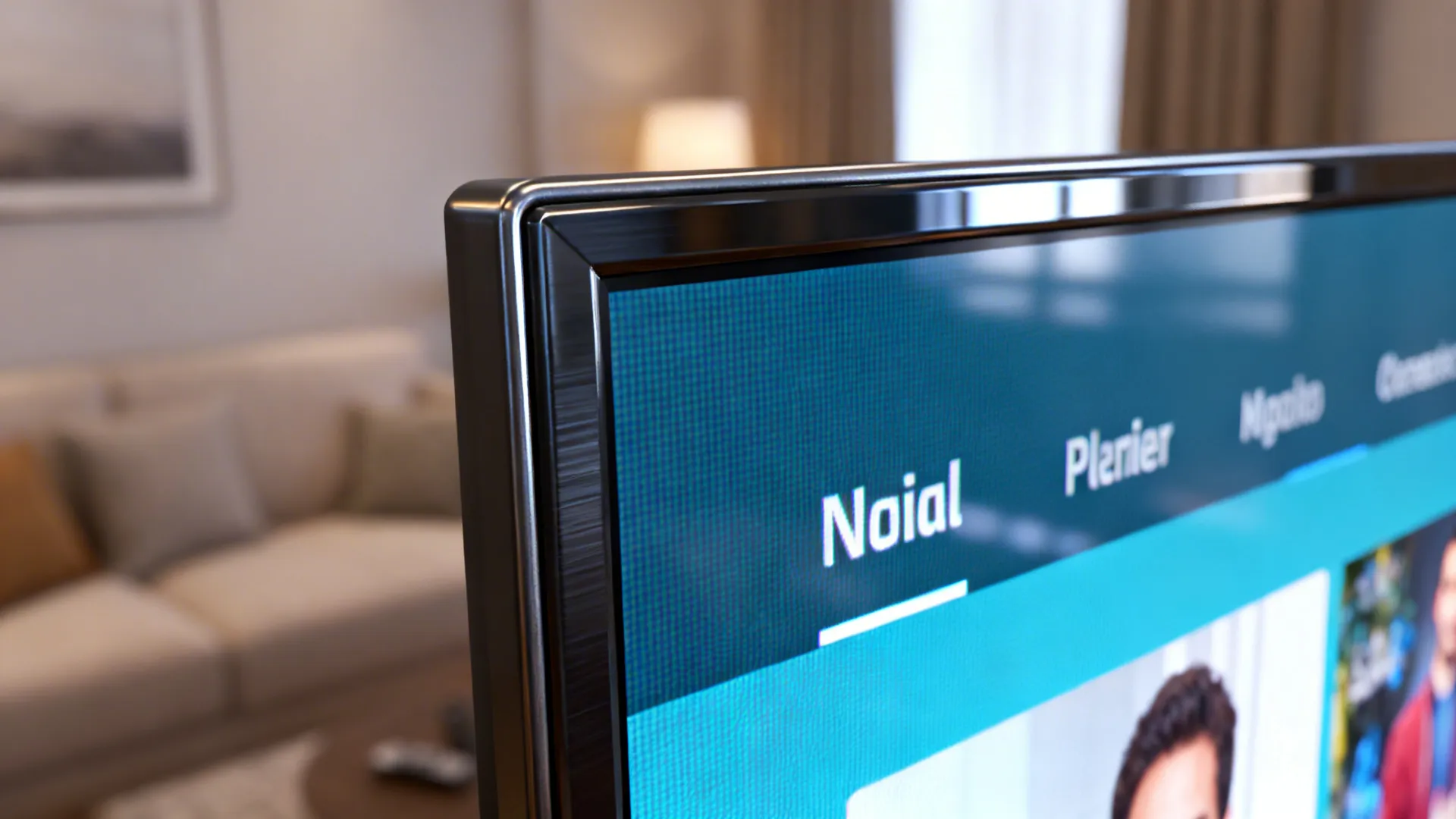 Close-up of a 4K TV screen edge showing crisp on-screen detail and thin bezel in a living room.