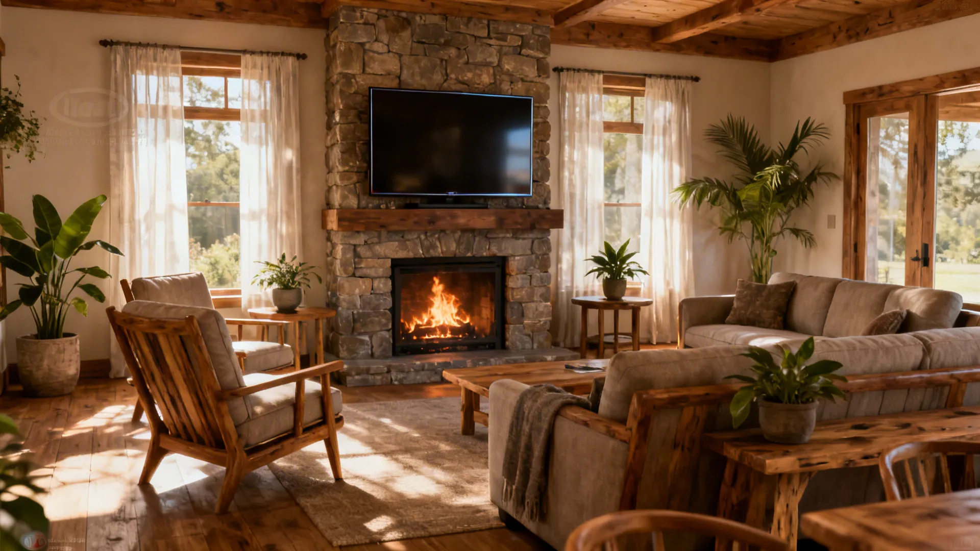 Living room showing TV integrated with fireplace and multiple seating angles