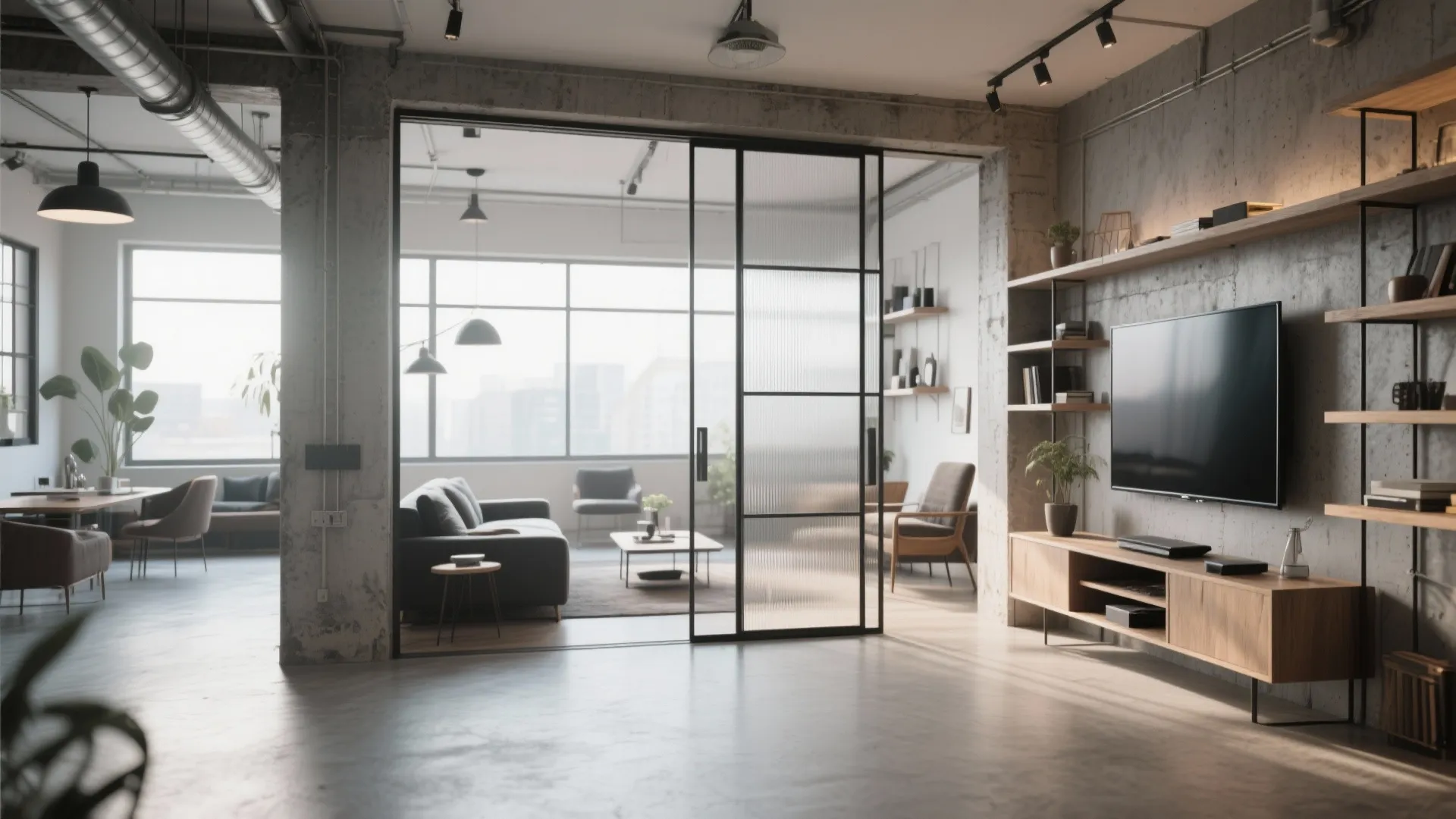 Industrial style living room using a glass sliding door as a divider between seating areas