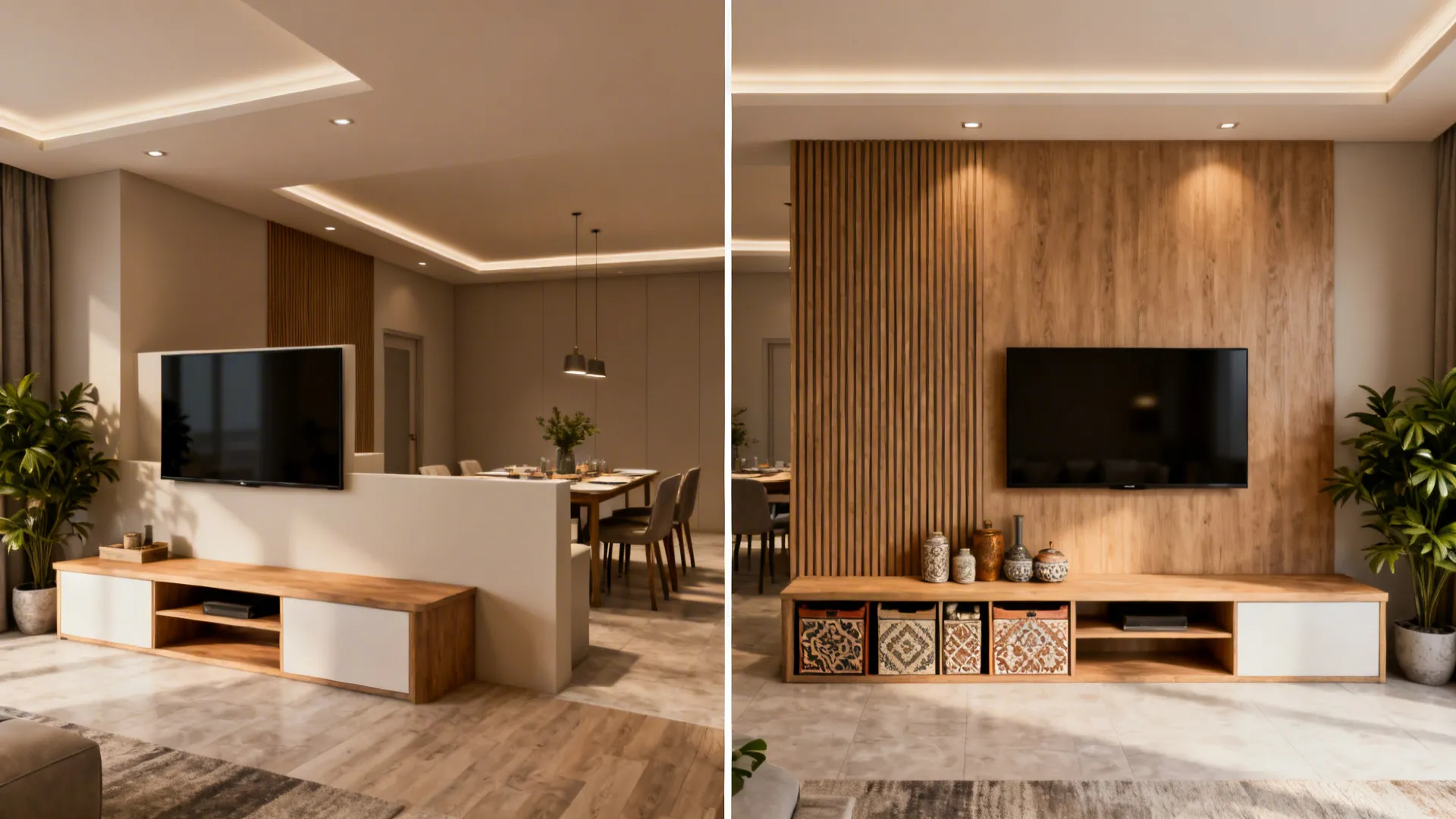 Comparison of two living room layouts featuring a low wall divider and wood wall panel