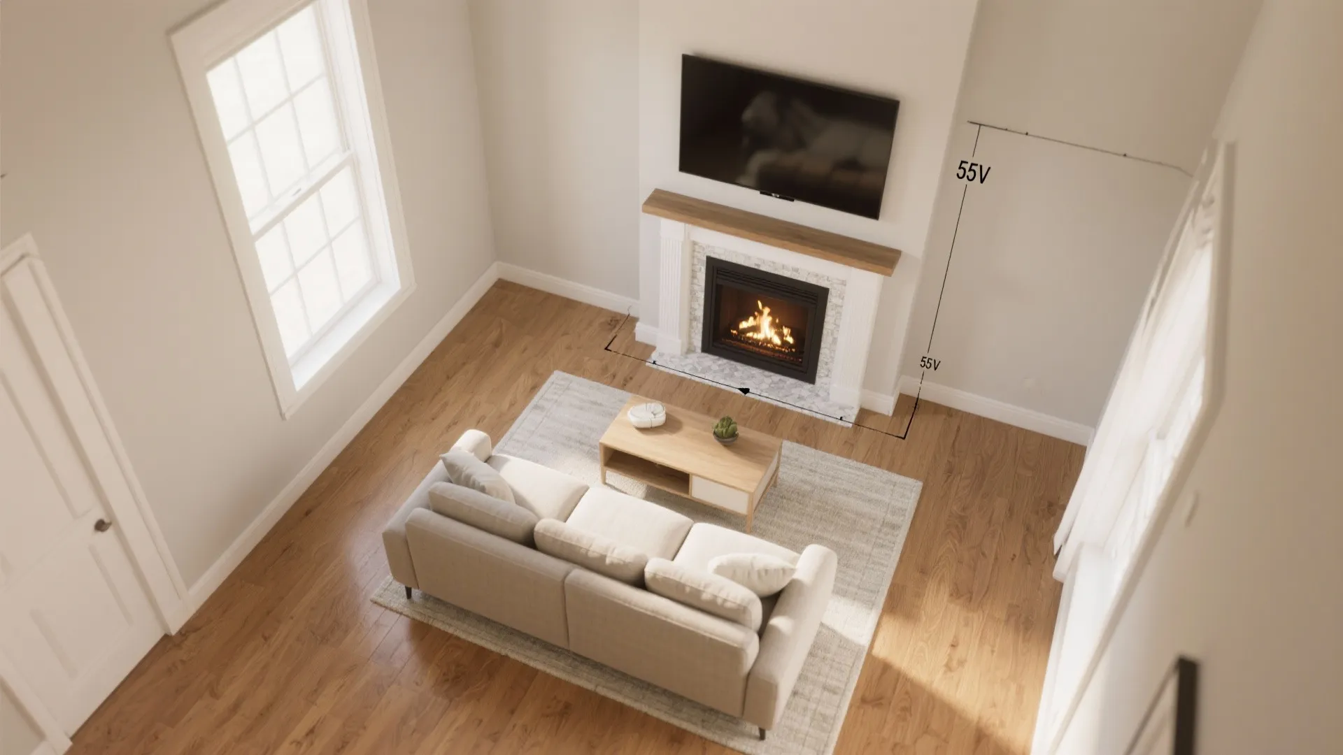 Living room interior design drawing showing tv placement above fireplace with safety distance measurement lines