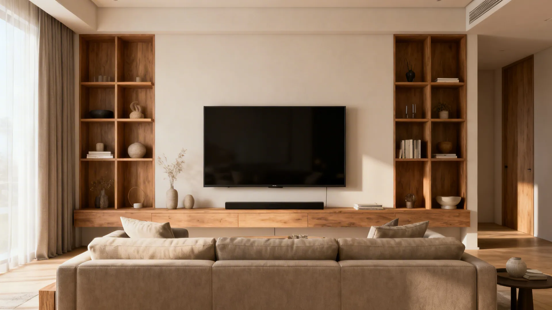 Living room focal wall showing TV sized proportionally to sofa with flanking shelves and balanced decor.